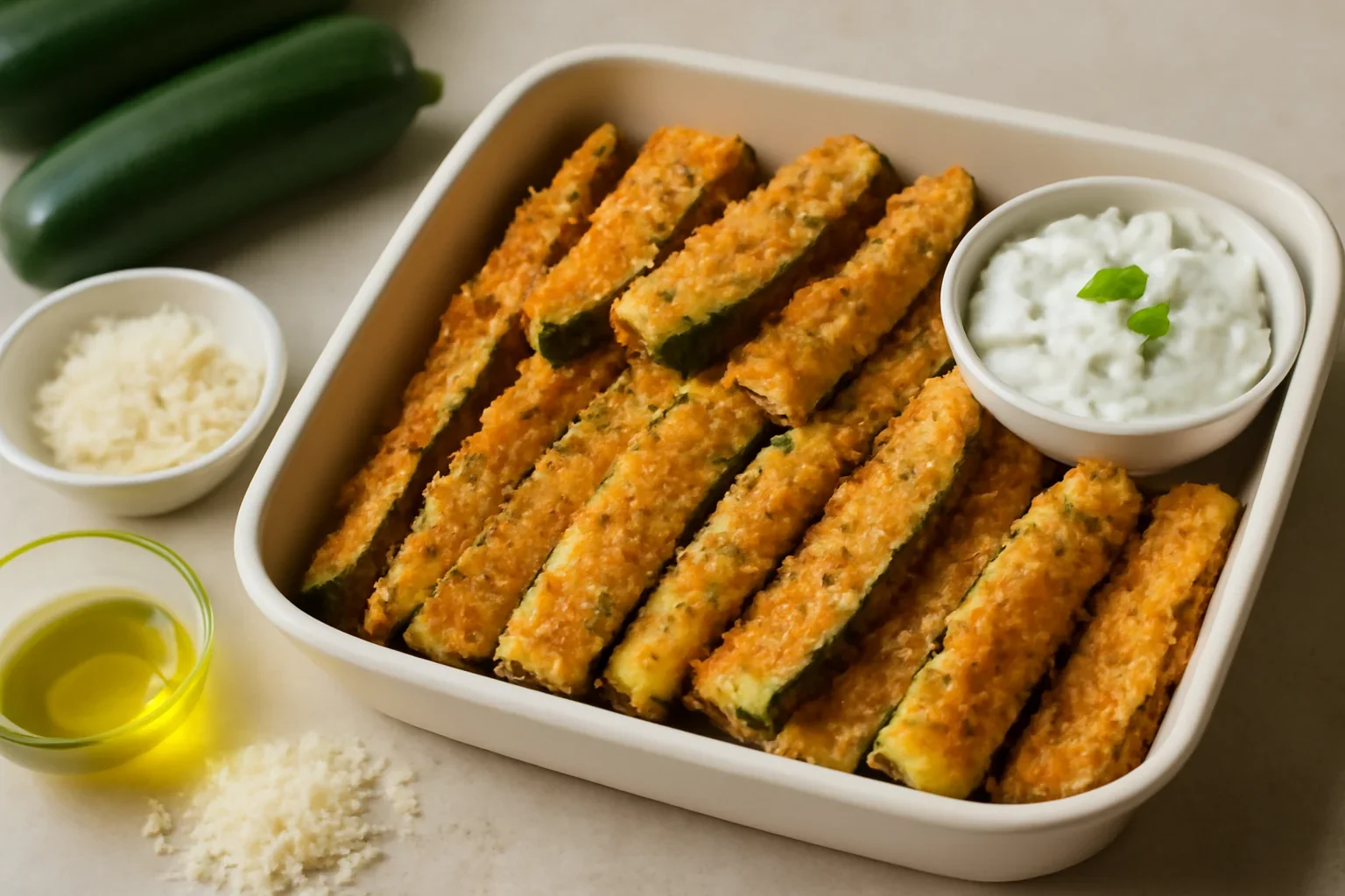 Dovlecei pane la cuptor, cu sos tzatziki