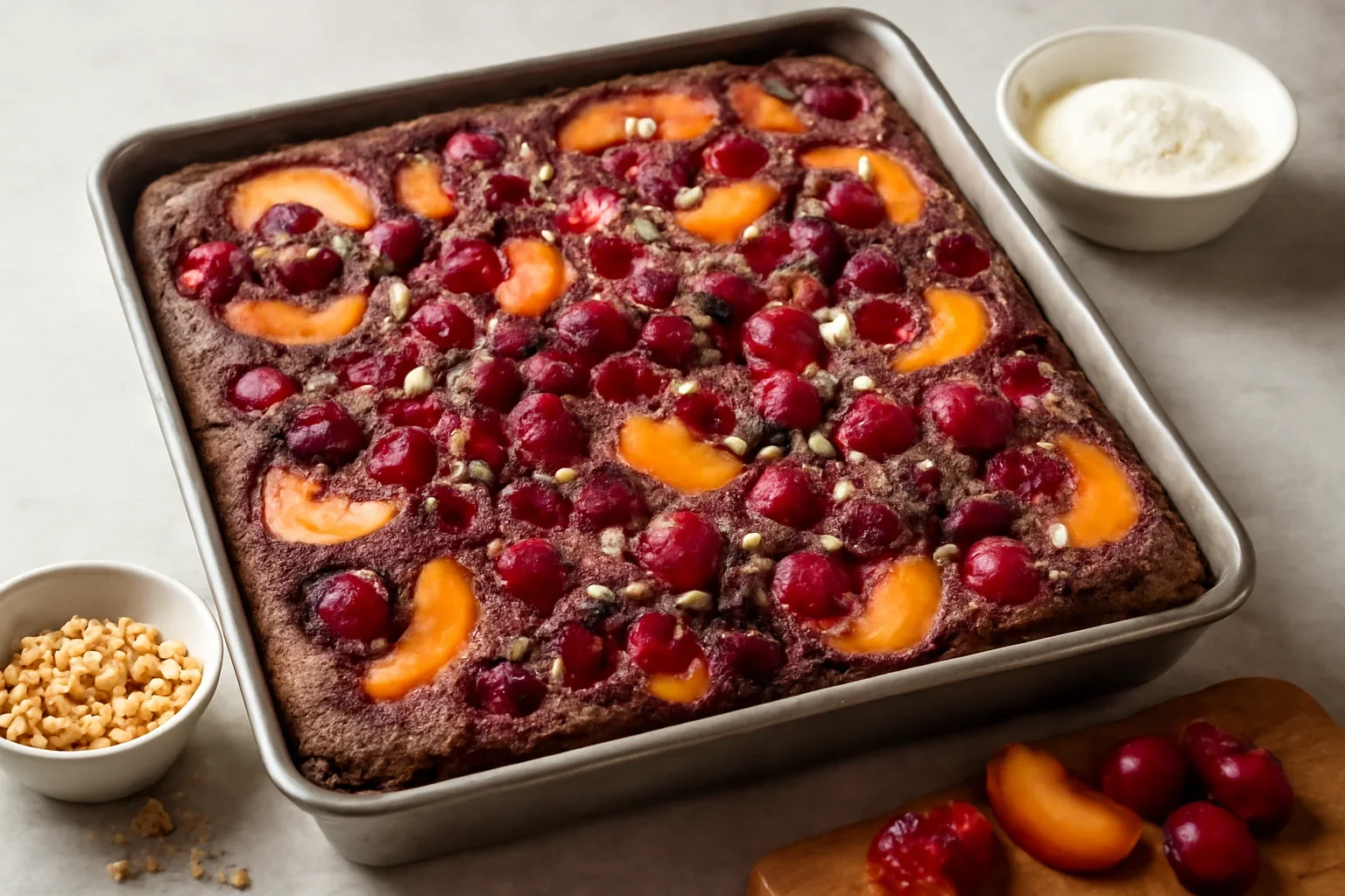 Negresă cu ciocolată și fructe (caise, piersici, cireșe, vișine, zmeură etc) – rețeta de Fruity Brownies