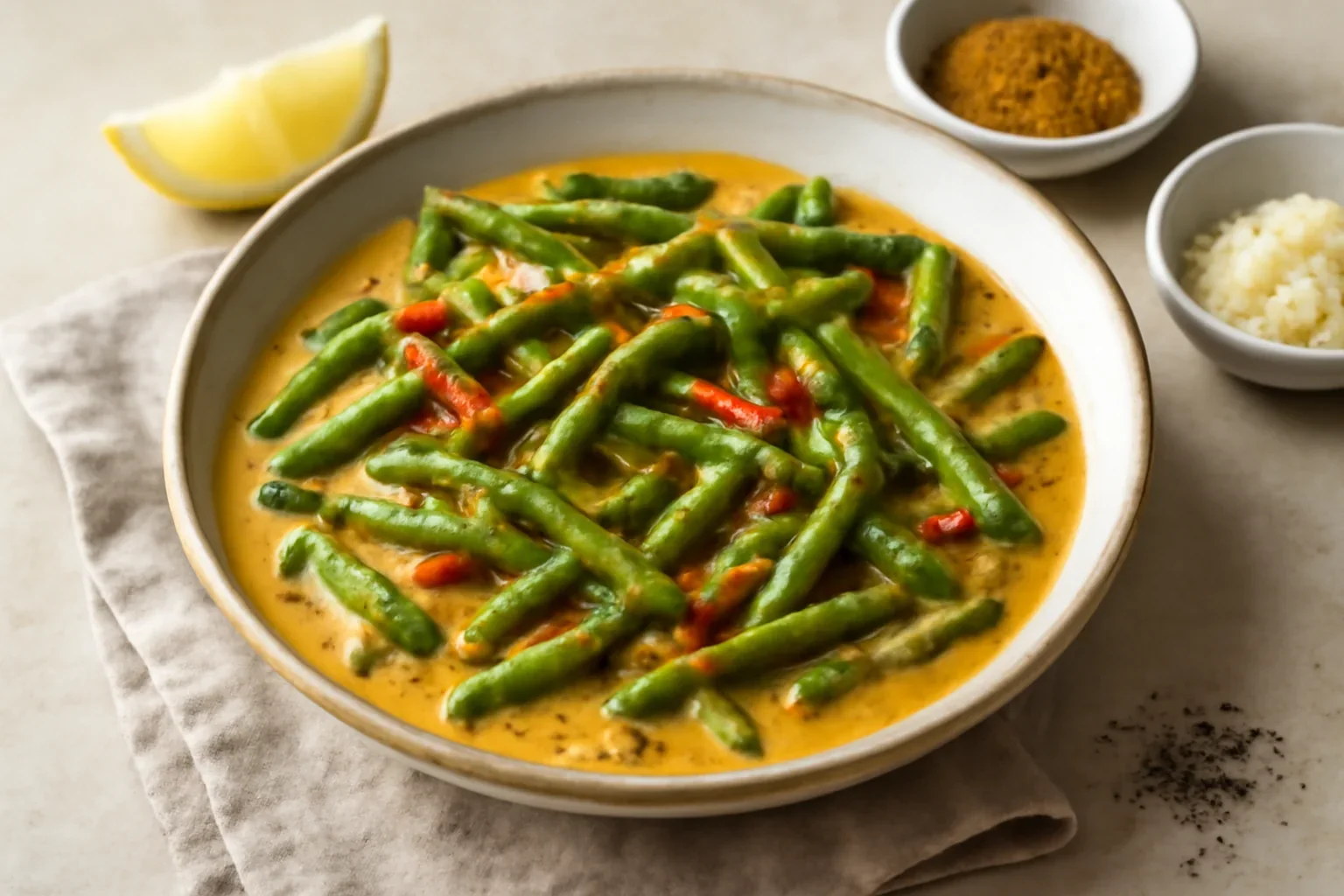 Fasole verde picanta cu lapte de cocos, in stil asiatic