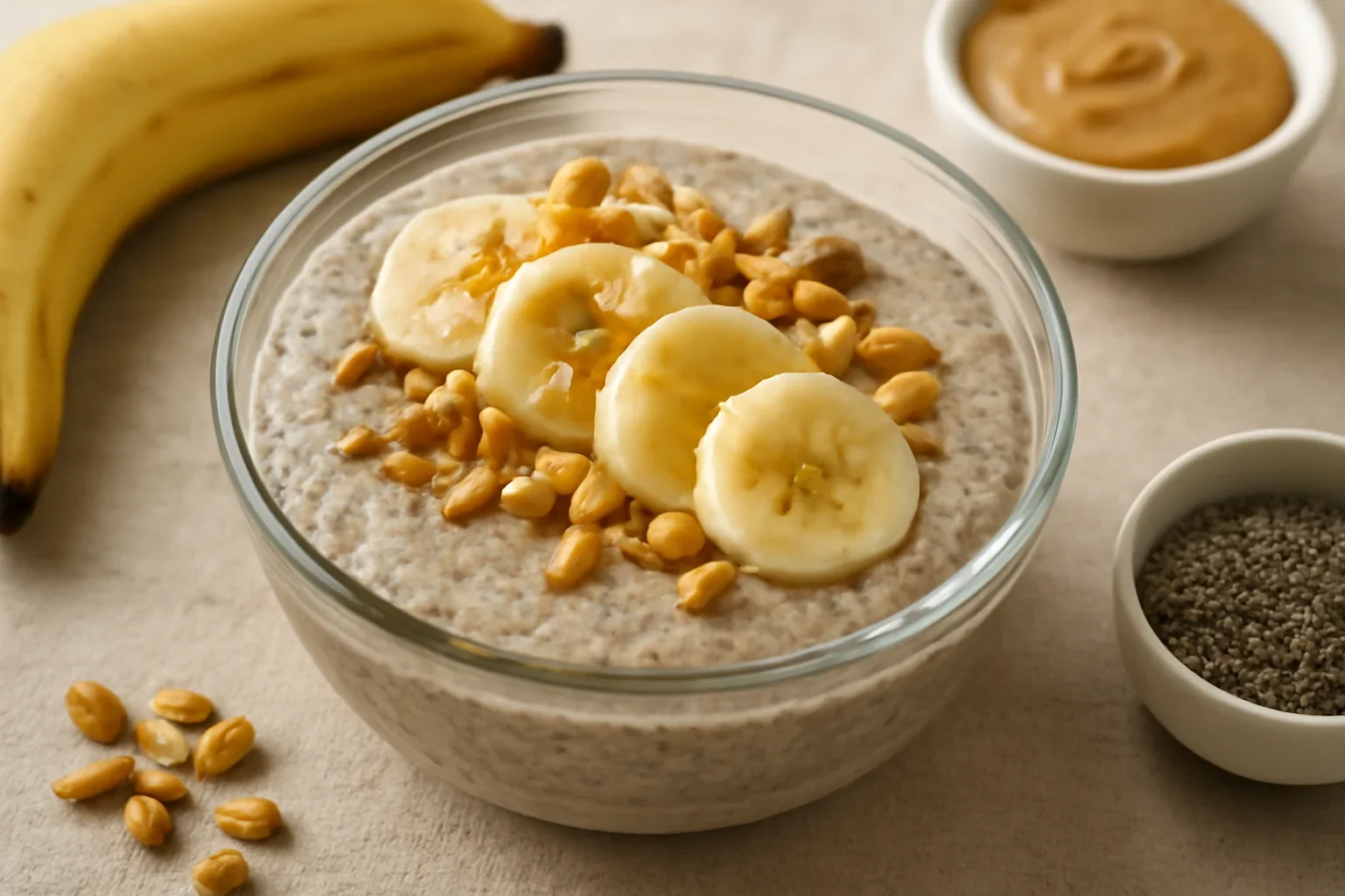 Budinca de banane, unt de arahide si seminte de chia