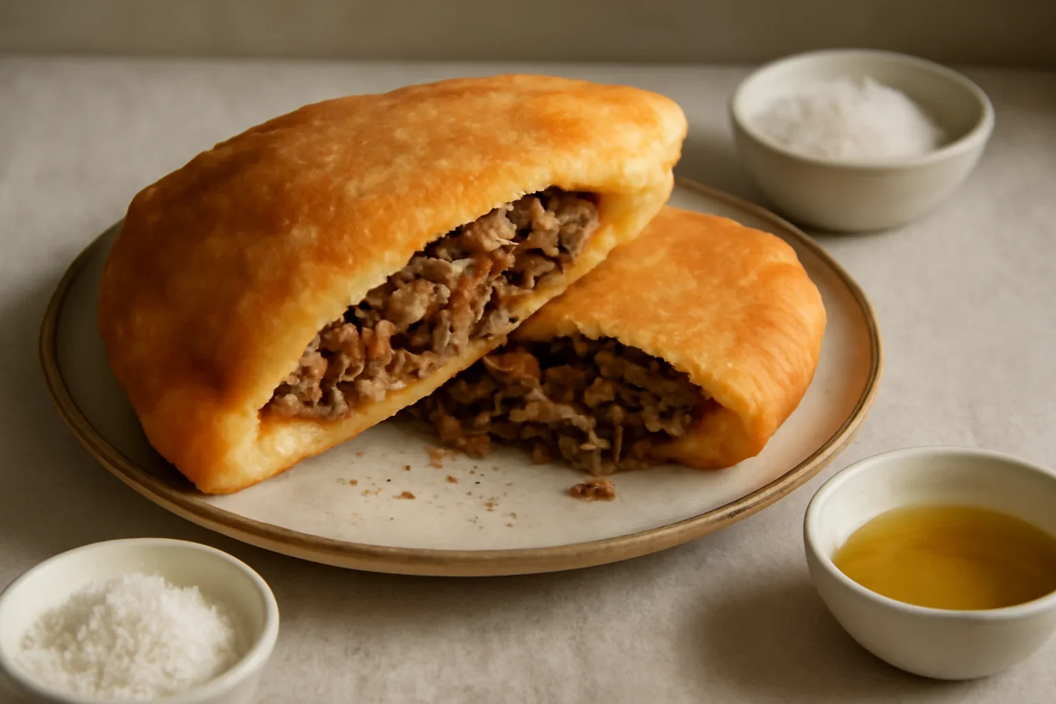 Pizza fritta umplută cu friptură de rață