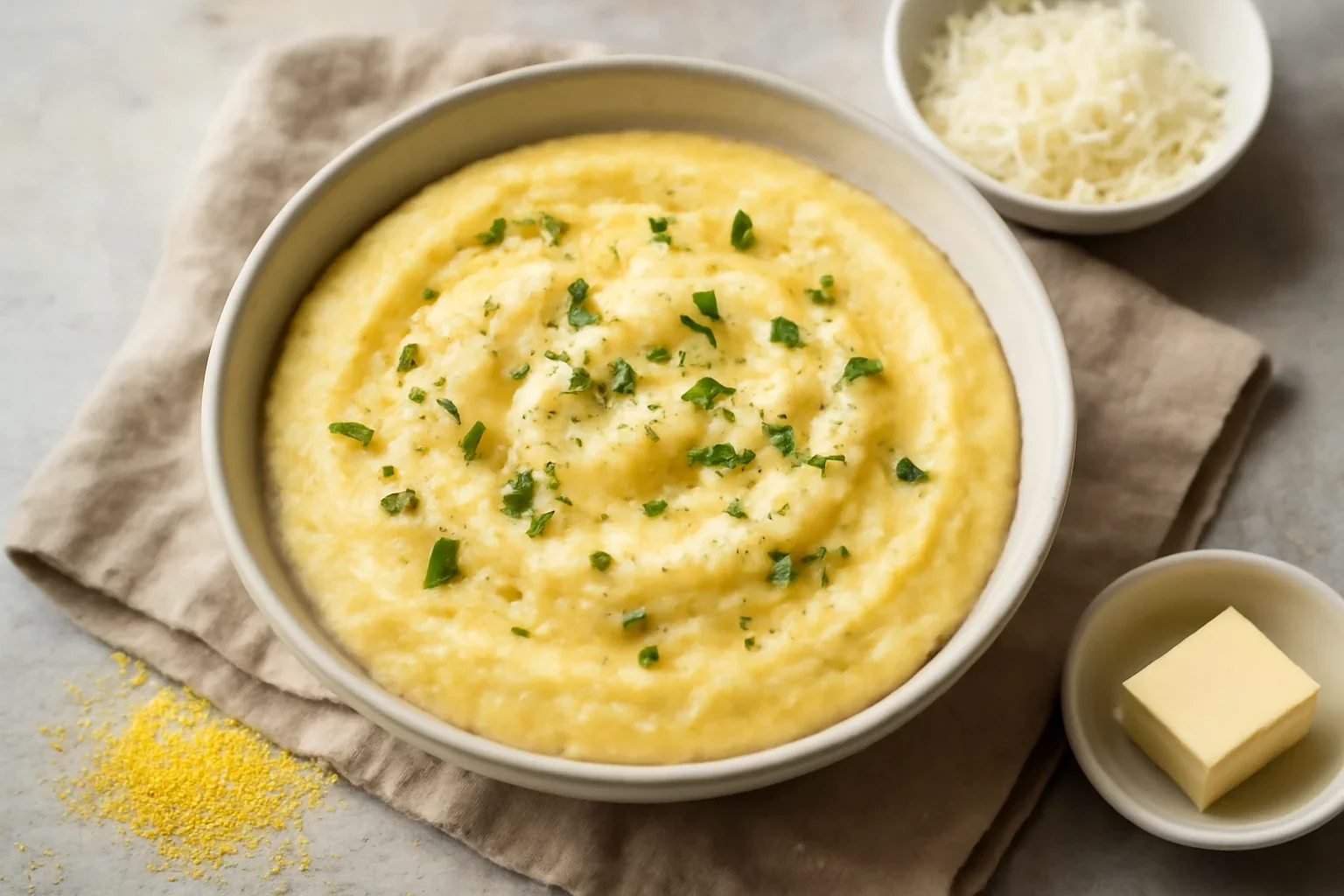 Mămăligă cremoasă cu smântână, lapte, unt și parmezan sau altă brânză