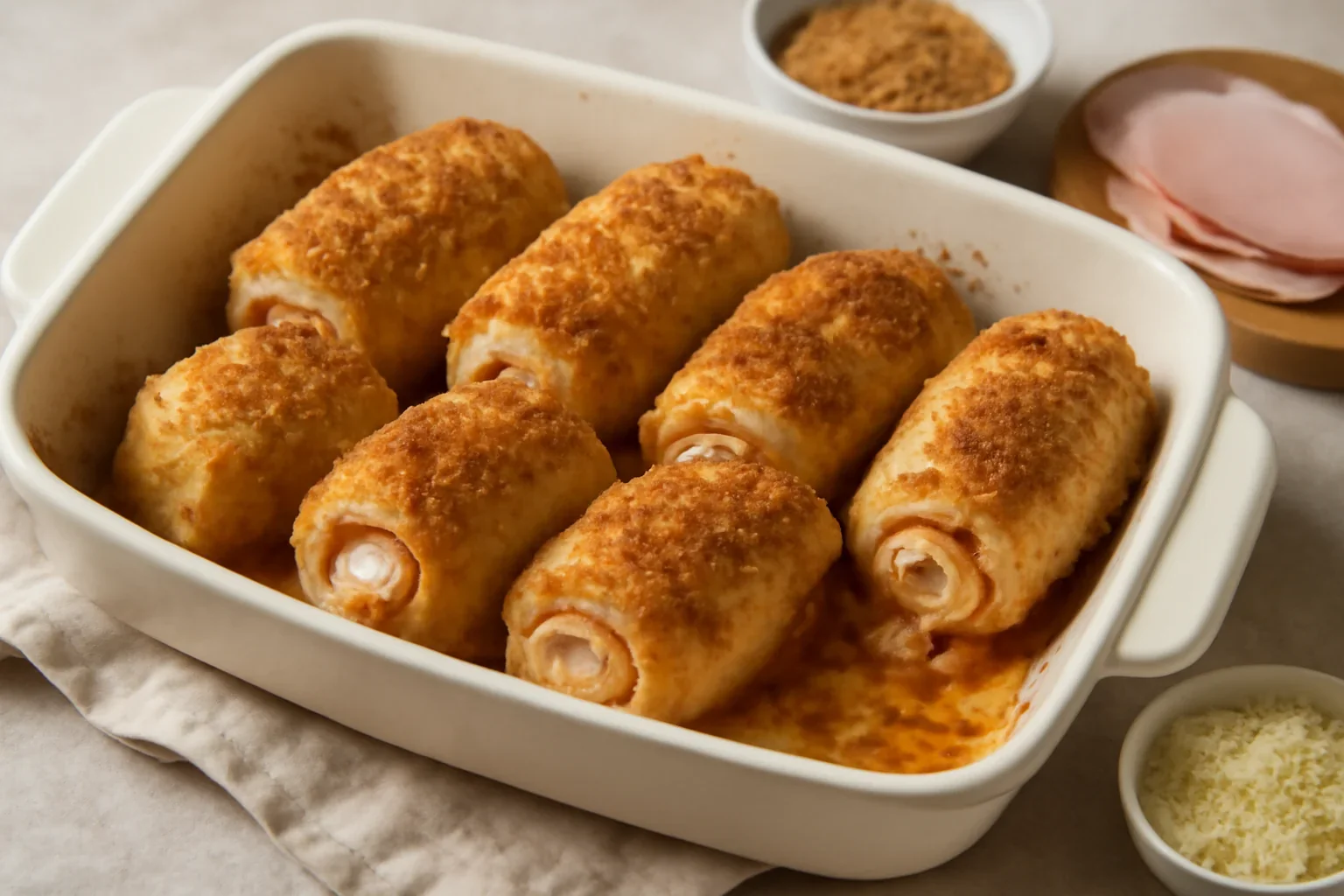 Rulouri din piept de pui cu șuncă și cașcaval la cuptor