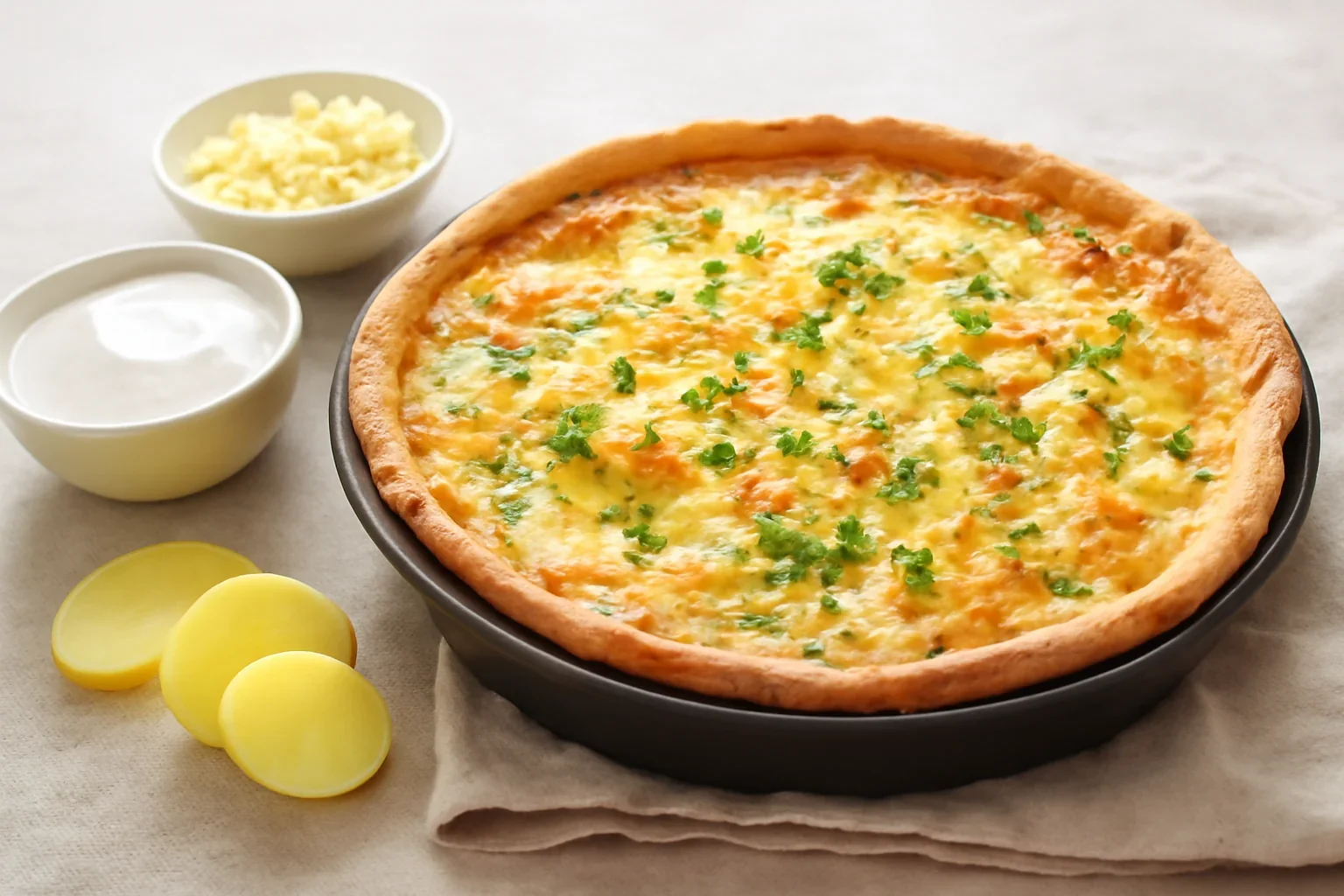 Quiche cu cartofi, brânză, ceapă și smântână – rețeta de plăcintă sau tartă aperitiv