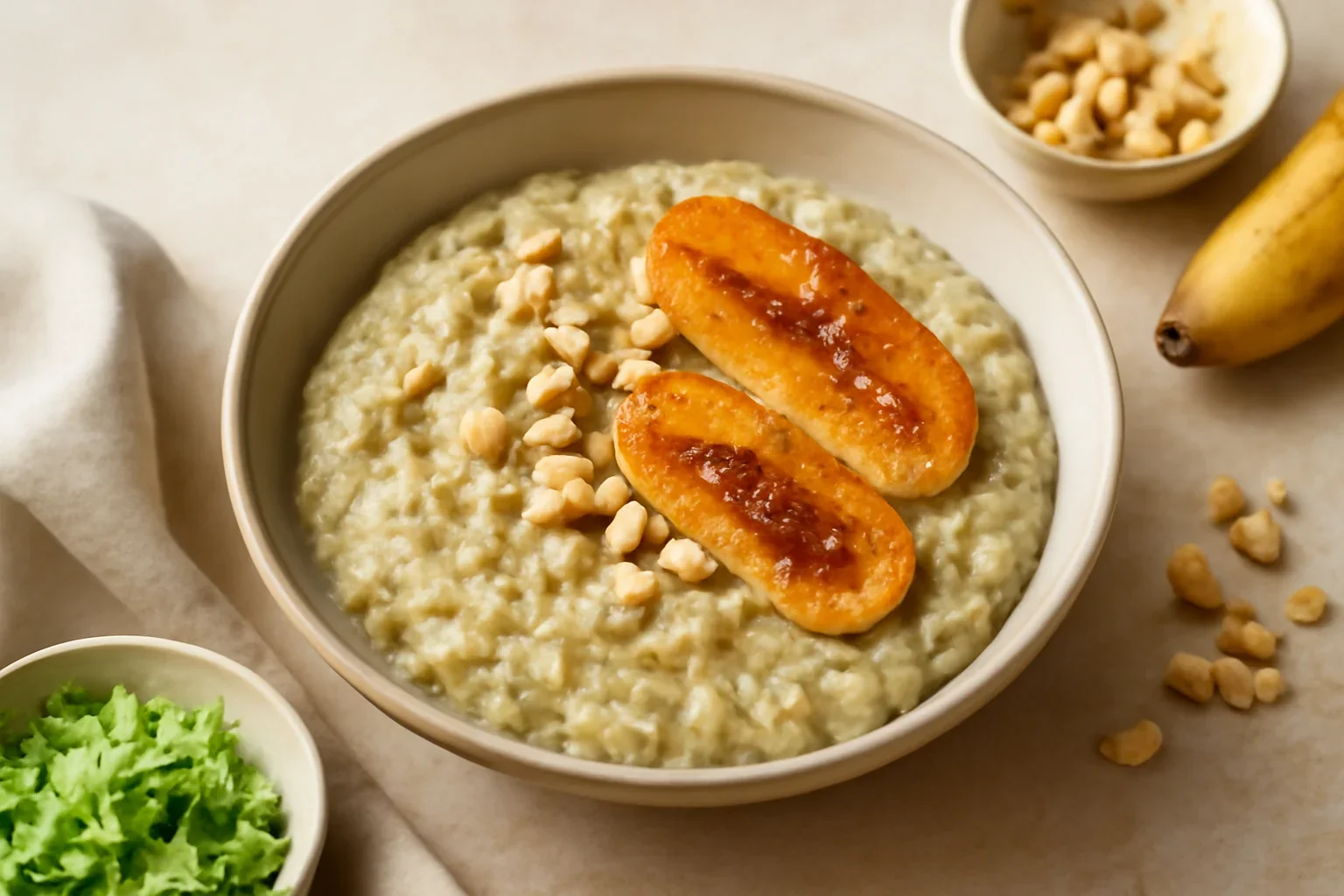 Terci de ovăz cu dovlecel și banană caramelizată