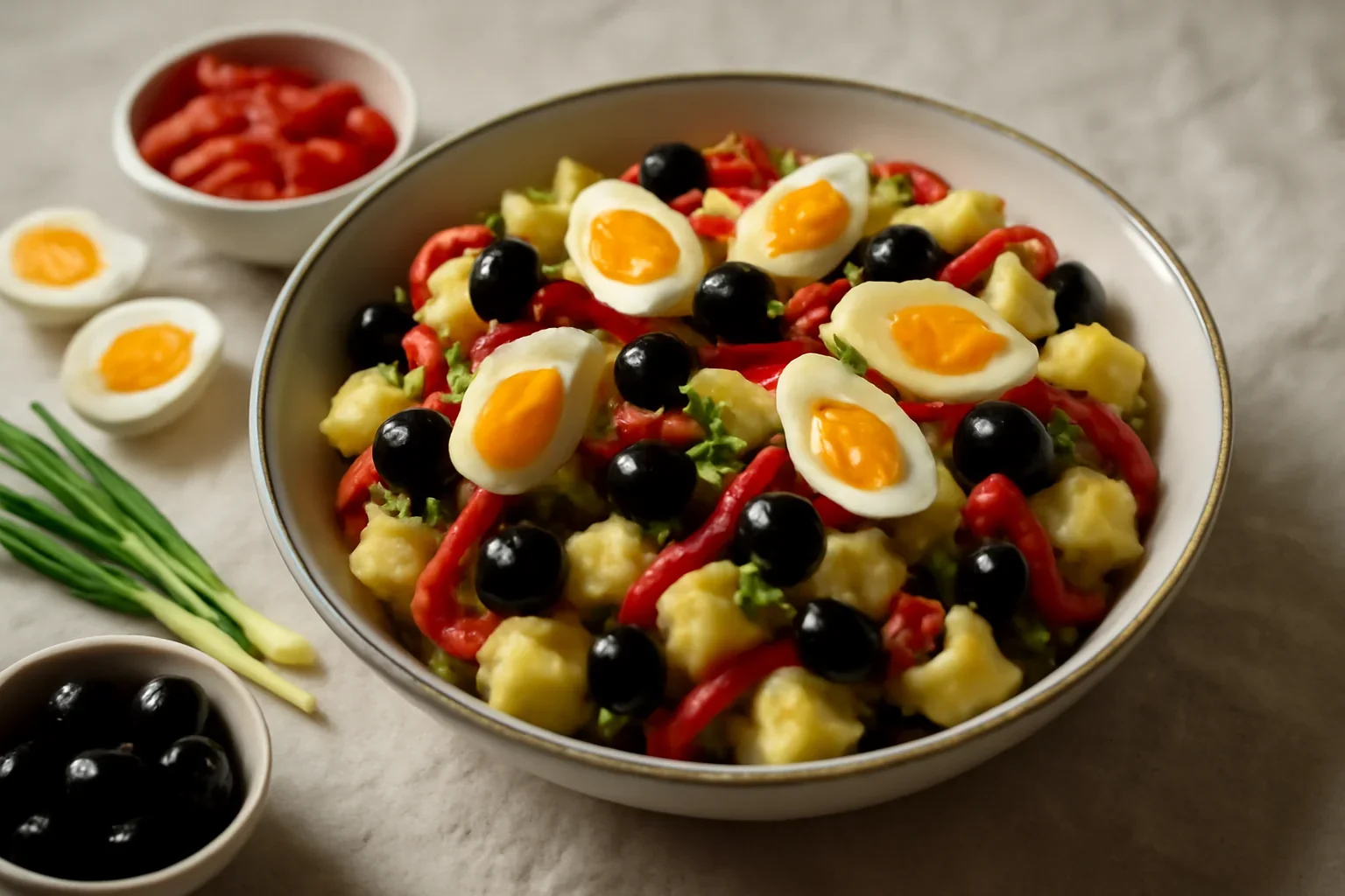 Salata orientala cu masline, oua fierte si gogosari, reteta clasica