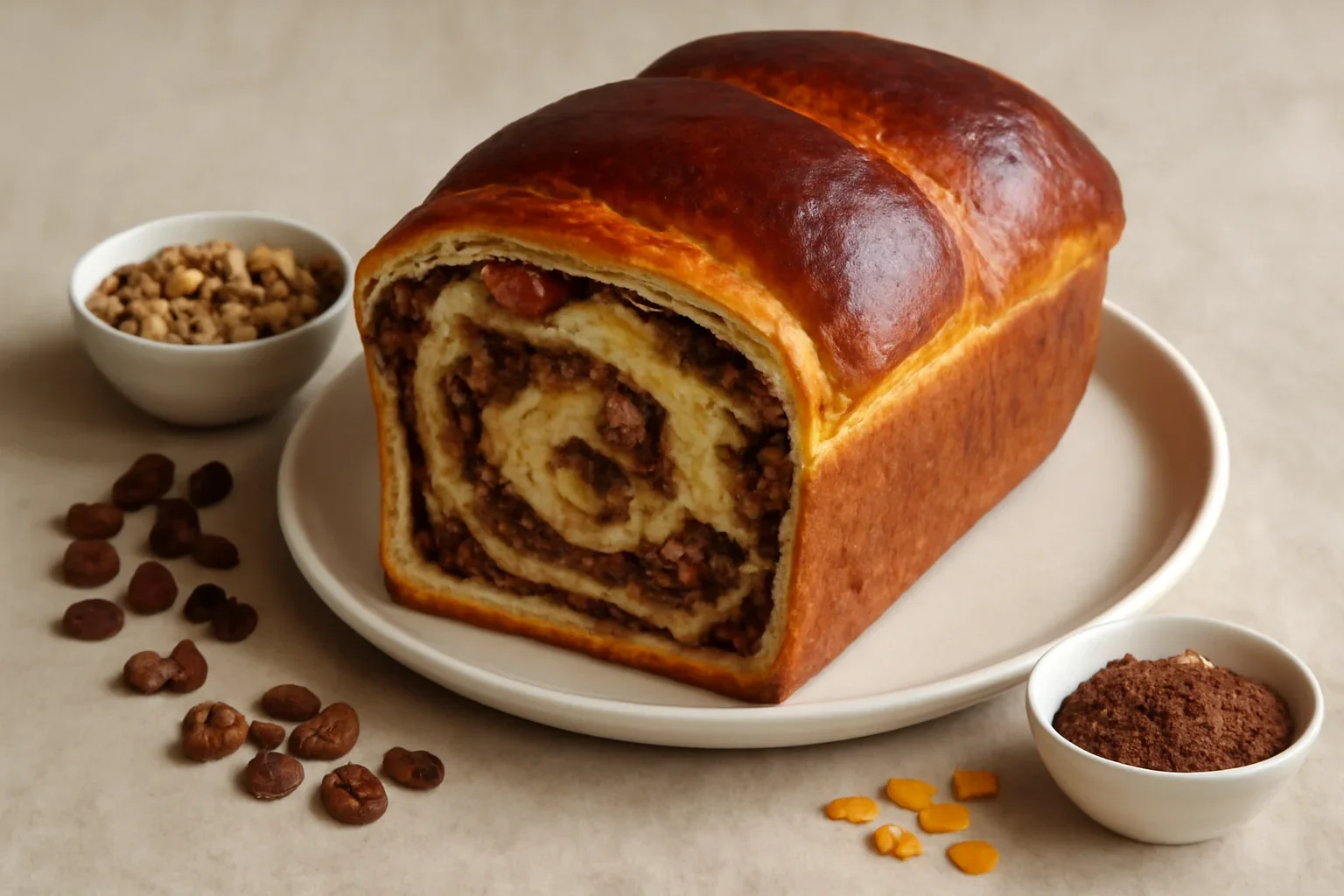 Cozonac moldovenesc cu aluat opărit, nucă, stafide și cacao