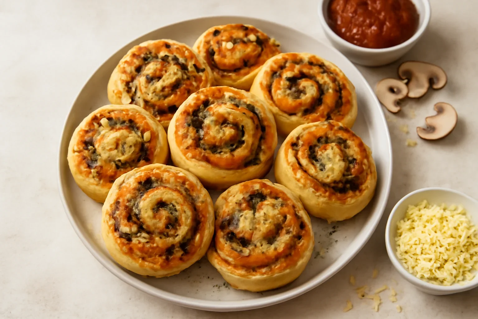 Spirale pufoase cu umplutură de pizza – batoane sau sărățele cu brânză și sos de roșii