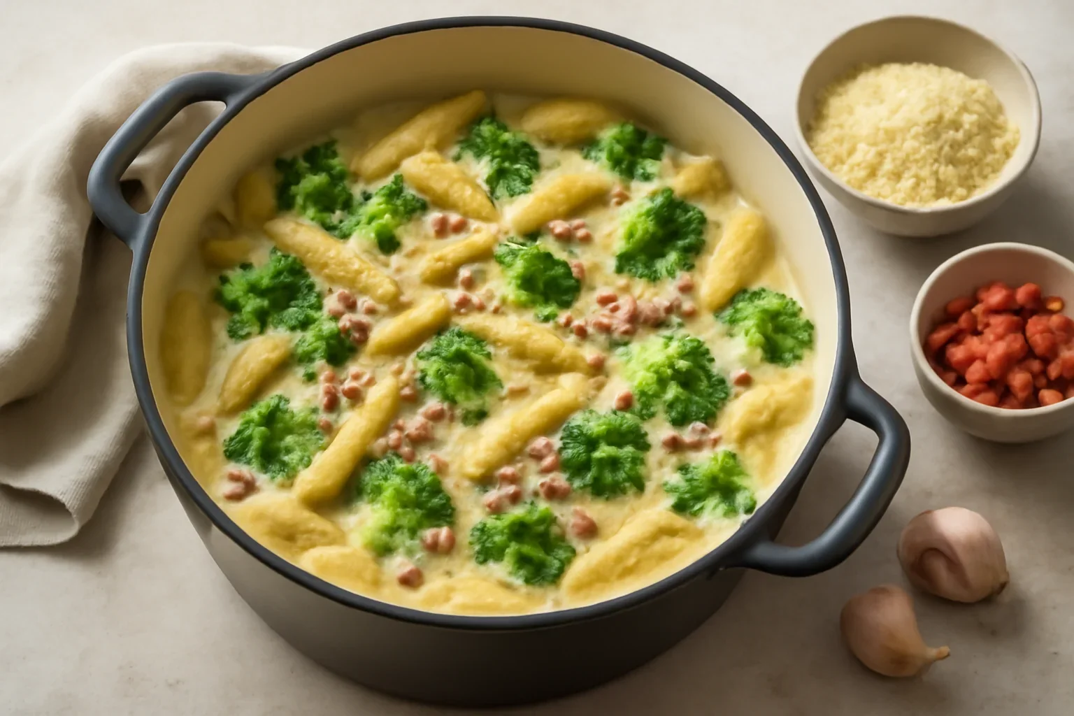 One pot penne cu broccoli si bacon