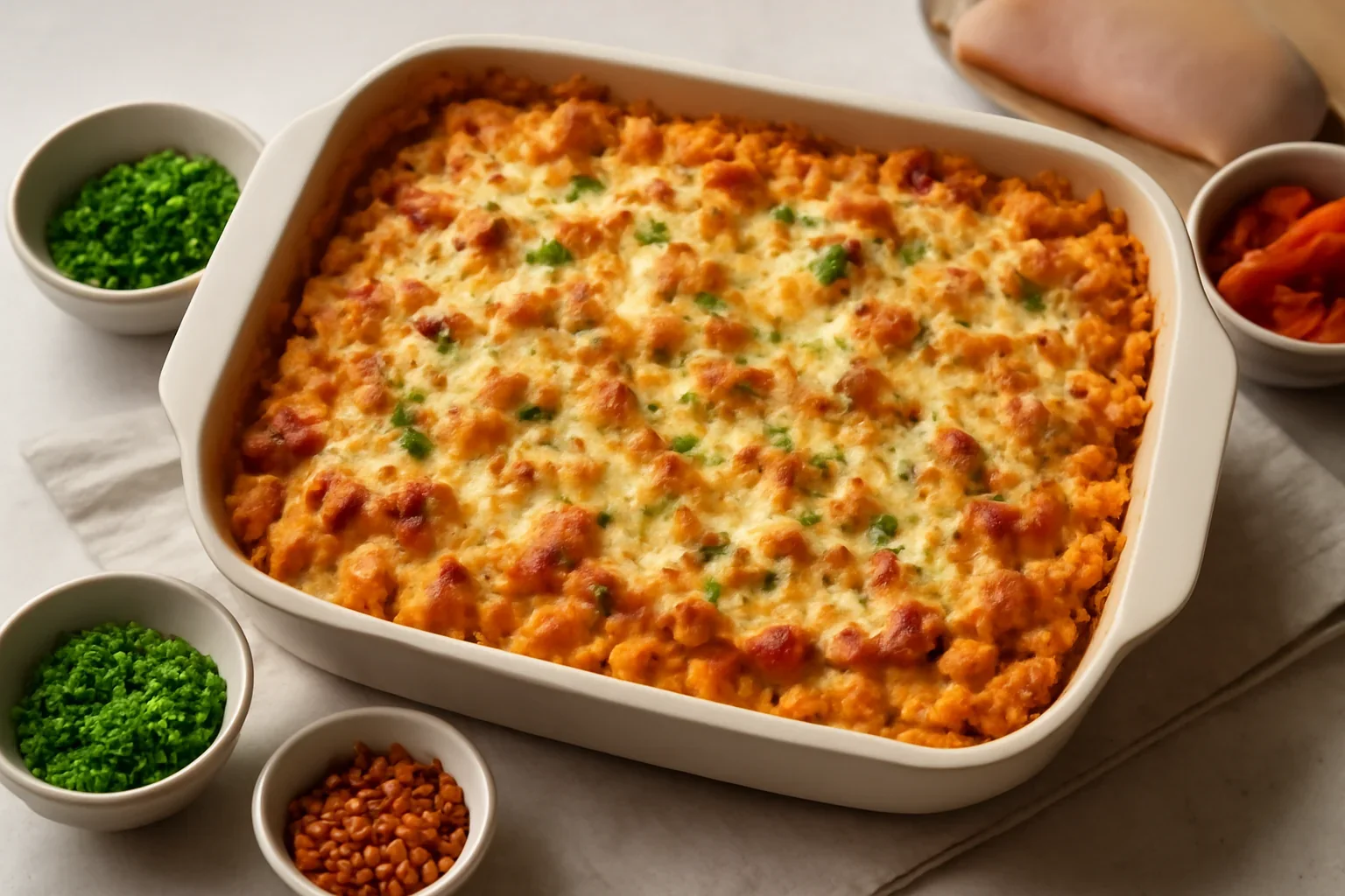 Paste cu pui și sos cremos de smântână cu roșii, ardei copți, usturoi și brânză – gratinate la cuptor