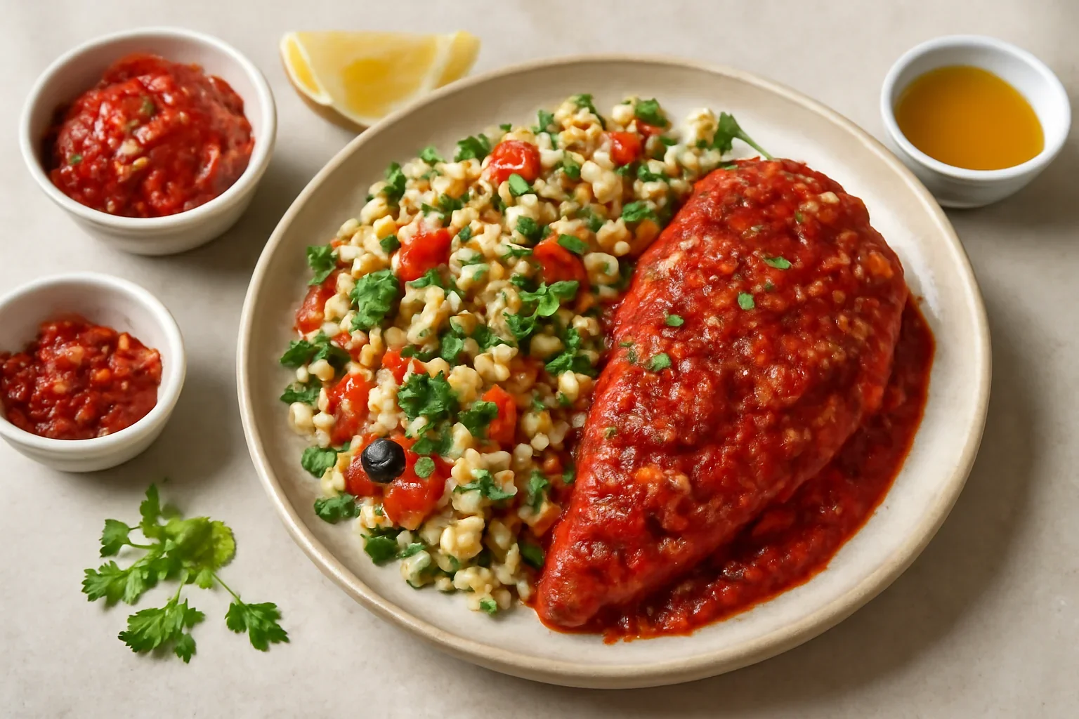 Piept de pui în marinată de roșii cu chilli și salată de bulgur cu mentă