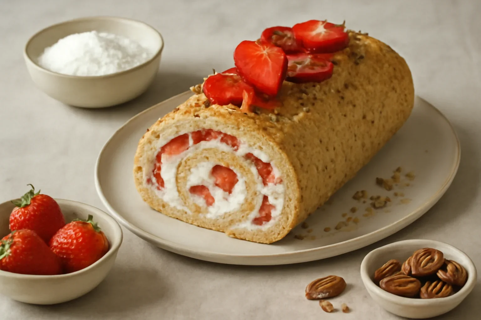 Ruladă fără gluten cu căpșuni și nuci pecan