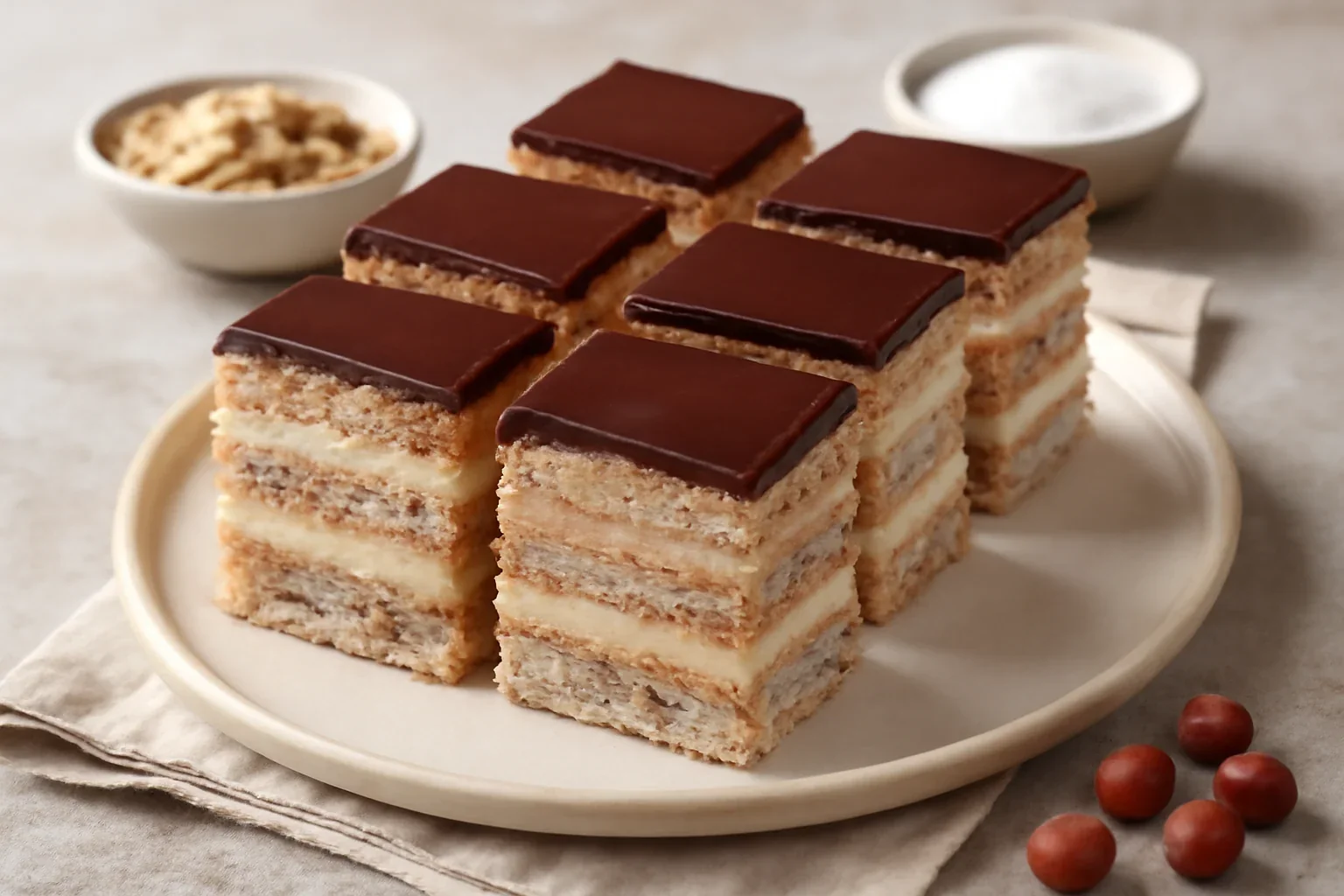 Prăjitura Temeswar – foi de bezea cu nucă și trei creme delicioase – rețetă pas cu pas