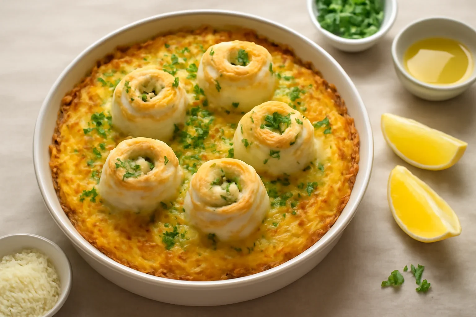 Rulouri de stiuca intr-un cuib de cartofi gratinati