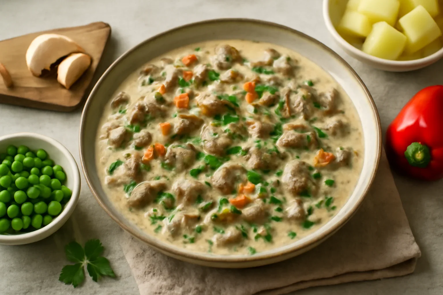 Tocanita de vitel cu ciuperci si sos cremos de smantana