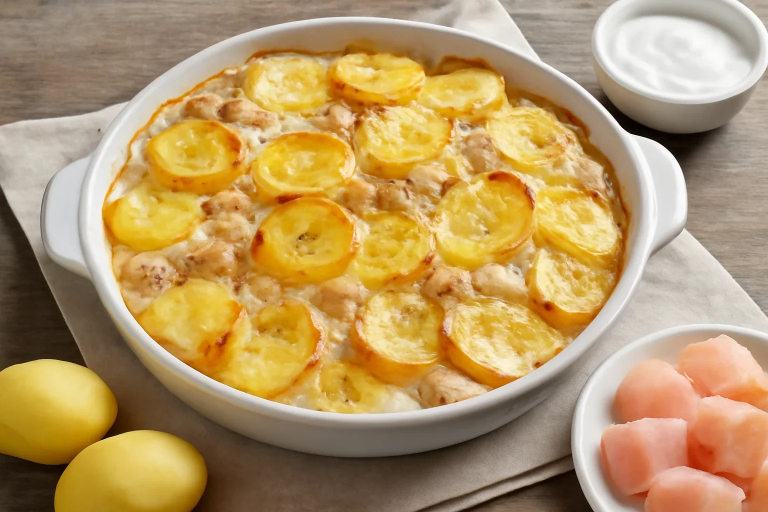 Cartofi gratinați cu smântână și ceapă