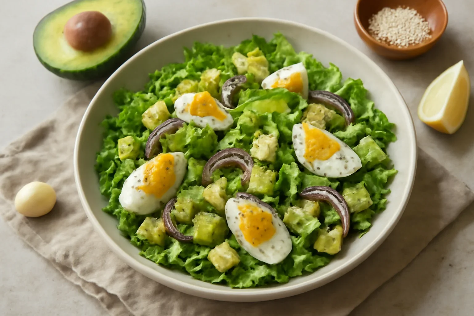 Salata de avocado cu castraveti, oua si salata verde