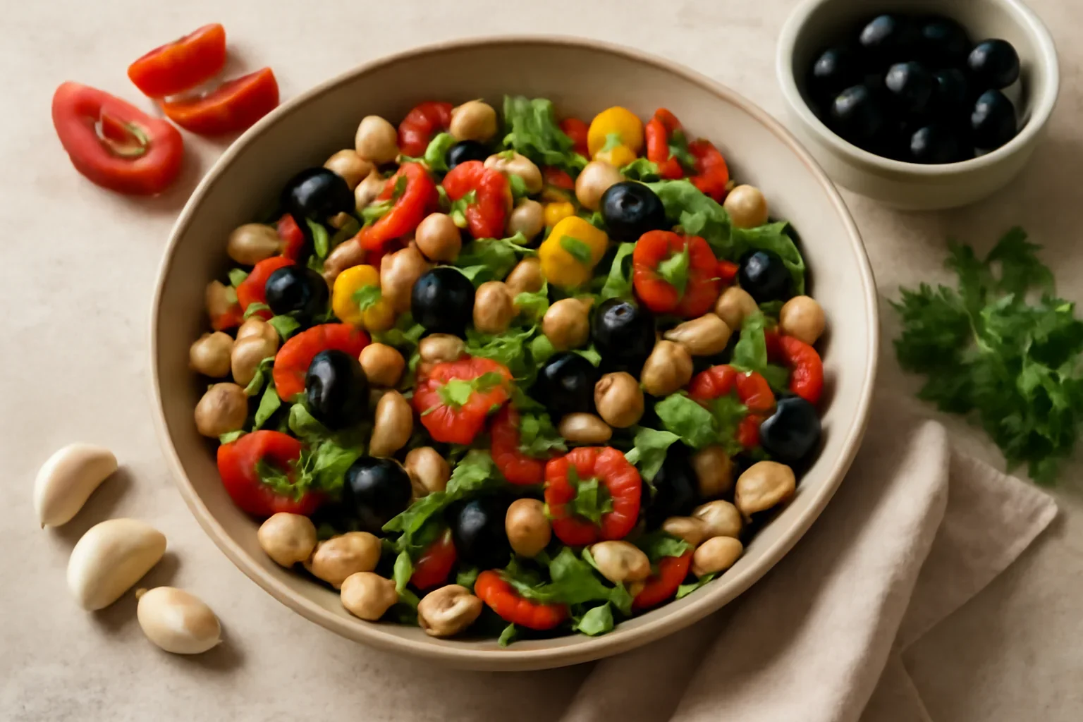 Salată de post cu fasole boabe, usturoi, măsline și dressing în stil mediteraneean