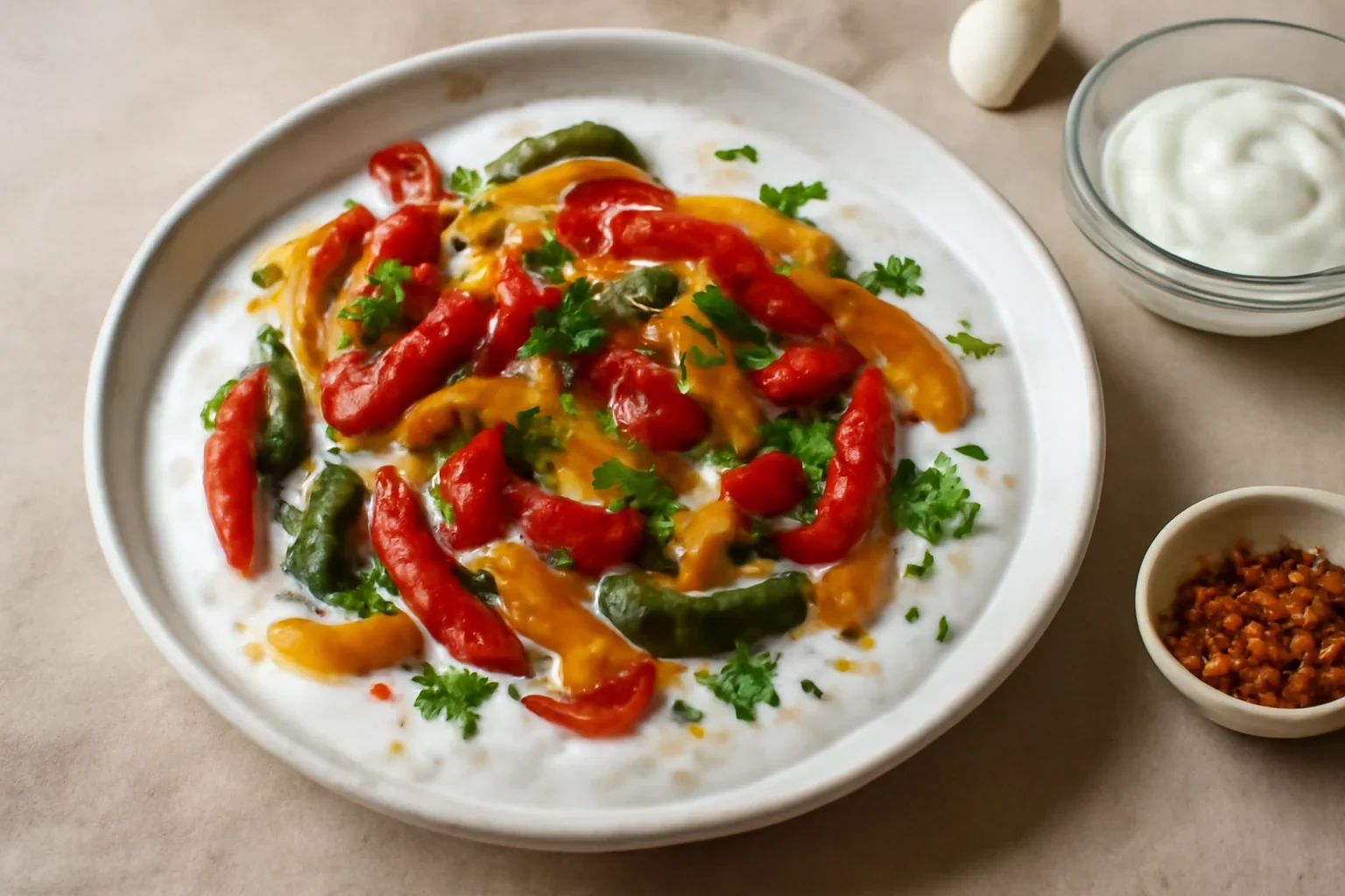 Salată turcească de ardei copți cu iaurt și usturoi – gustare rece de vară sau garnitură