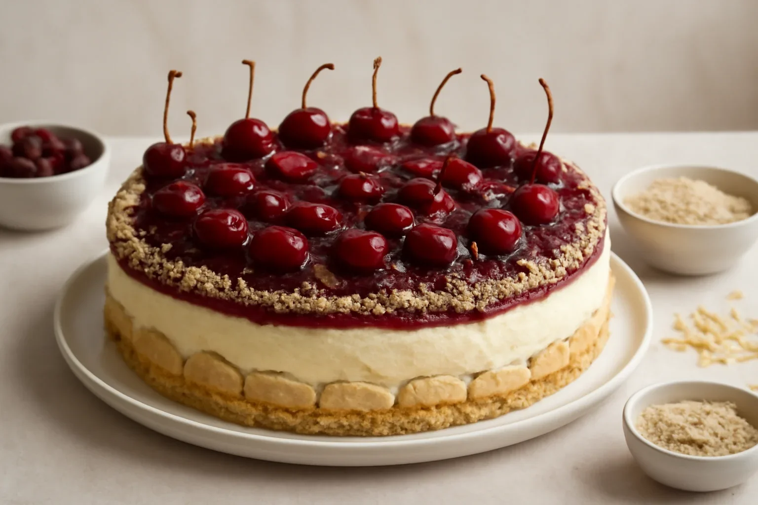 Tort fără coacere cu vișine și cremă de vanilie