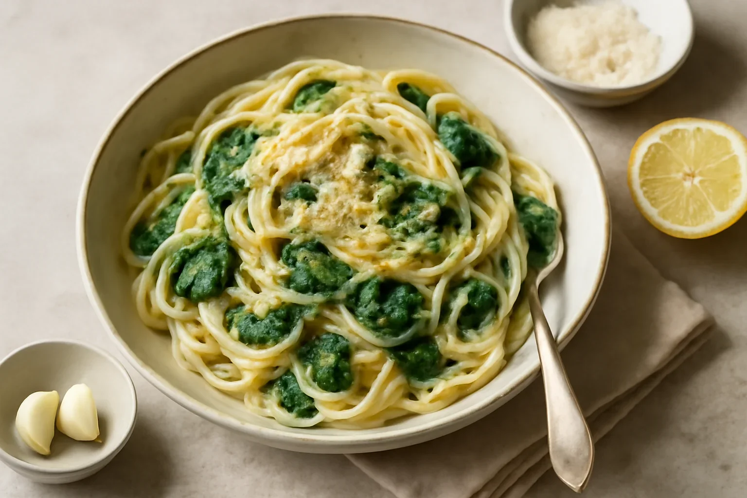 Spaghete cu lămâie și spanac