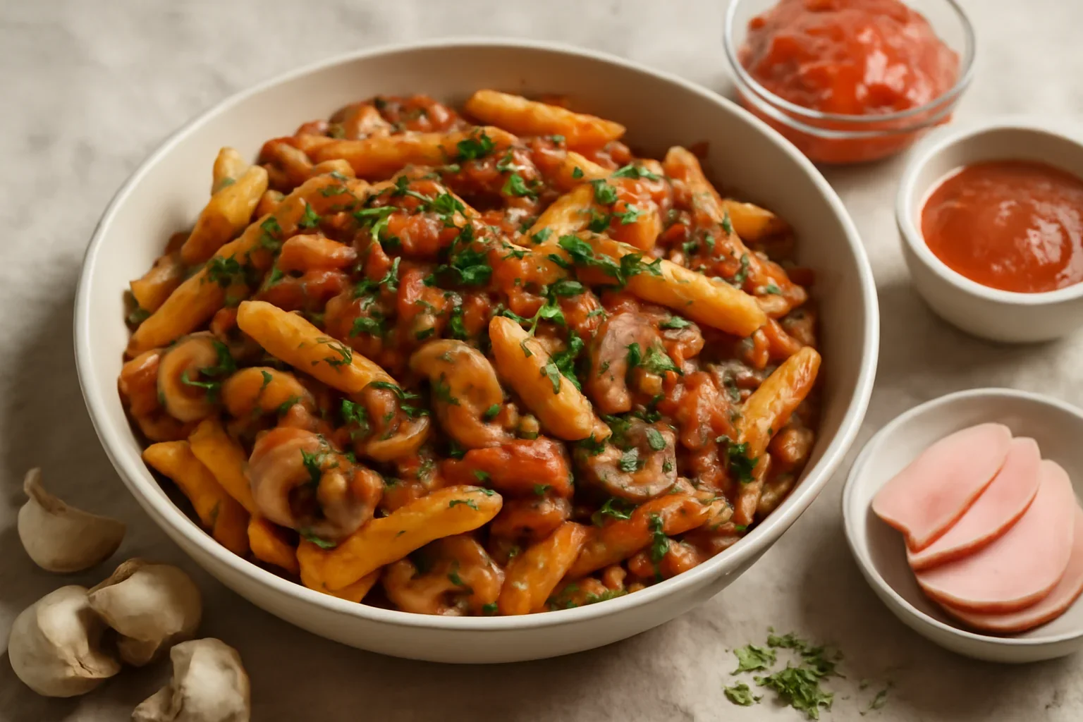 Penne cu sunca si ciuperci