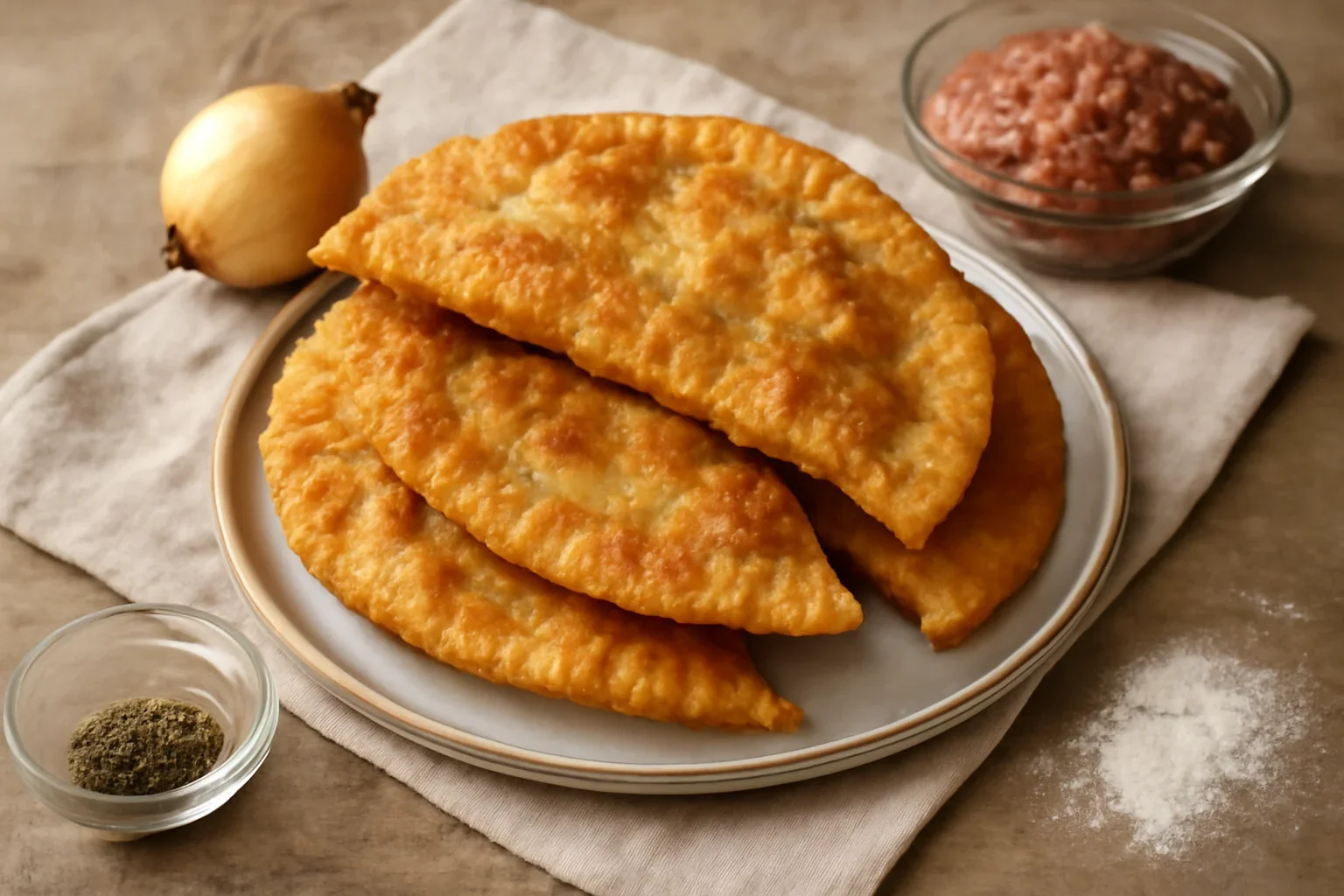 Șuberec – plăcinte cu carne și ceapă după rețeta turco-tătară de chebureki, çibörek sau çiğ börek