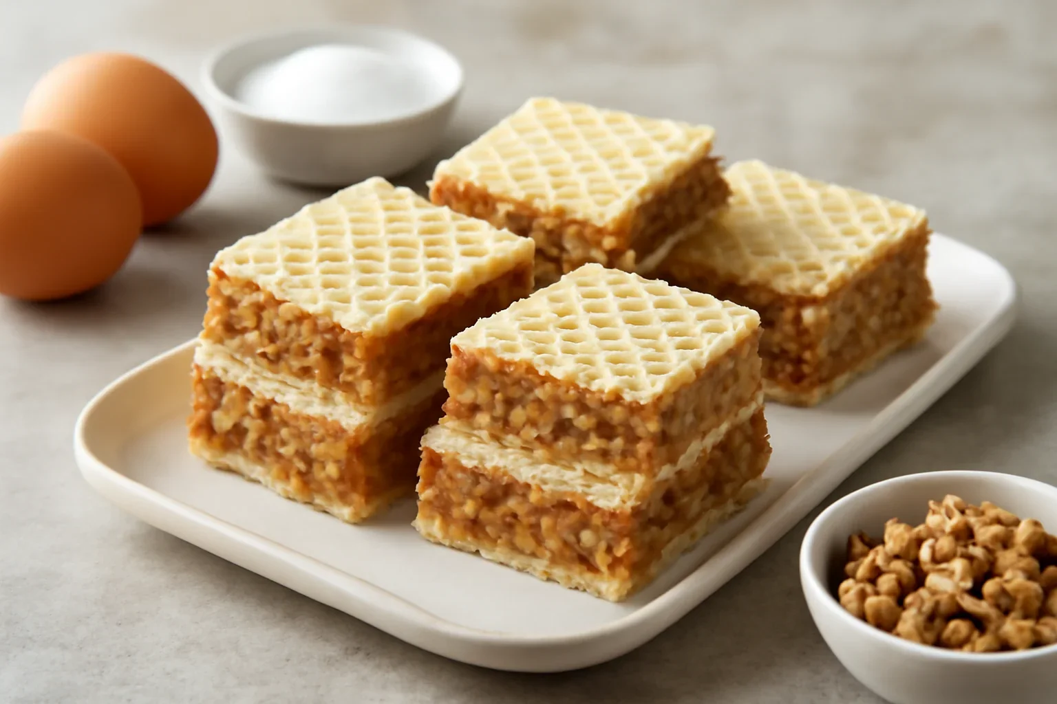 Prăjitură cu foi de napolitană și cremă caramel cu nuci