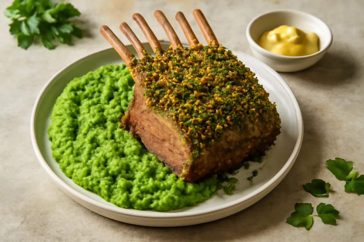Cotlet de miel în crustă de ierburi aromate și/sau fistic
