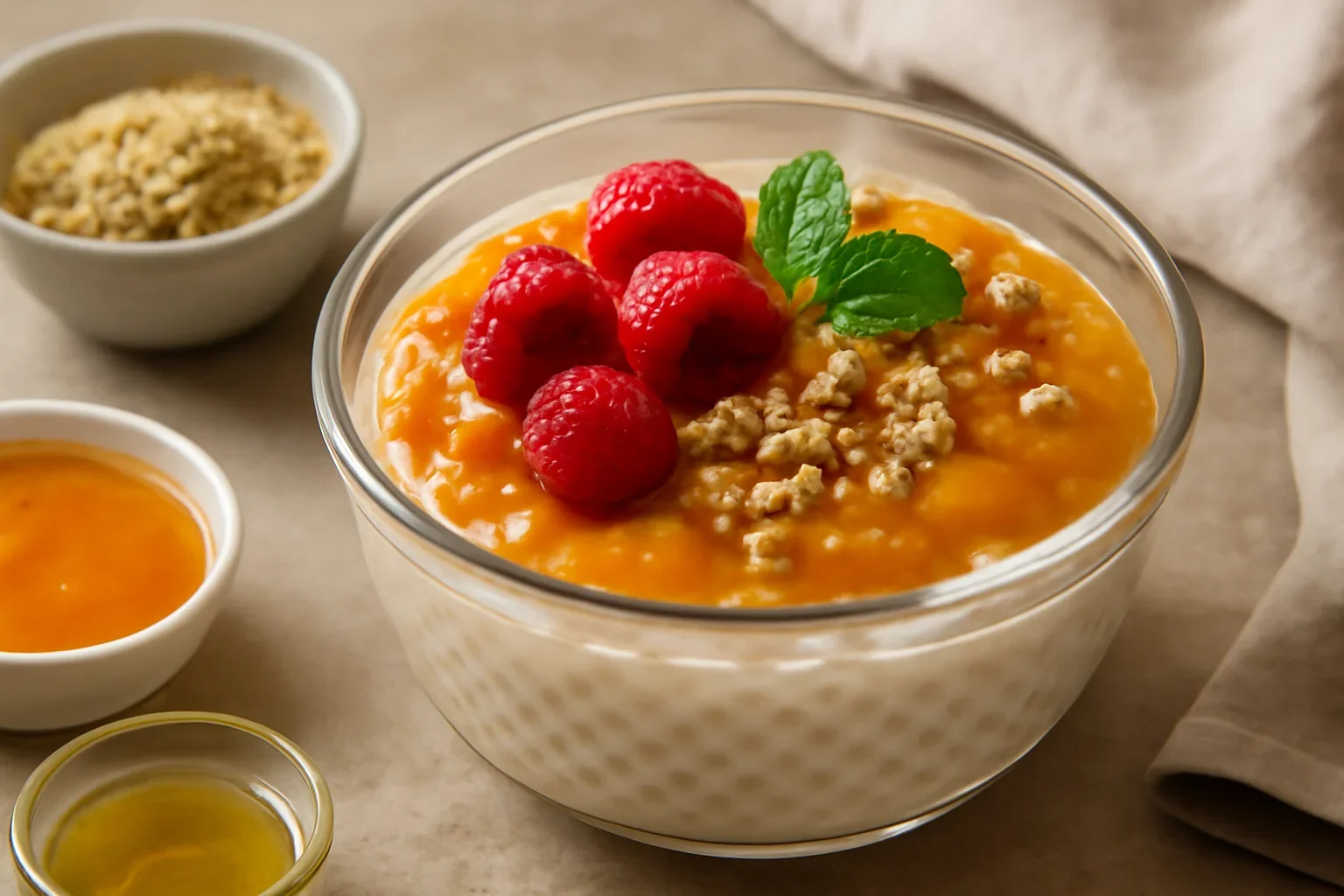 Budinca de tapioca cu piure de fructe si miere