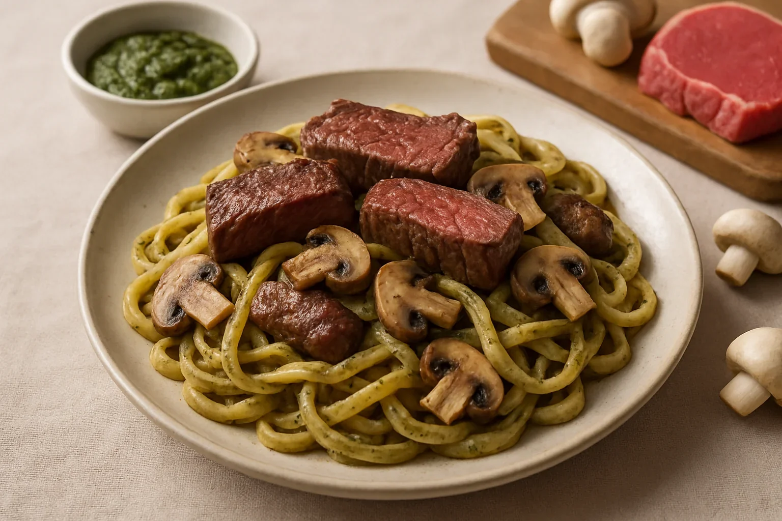 Paste proaspete cu vită, ciuperci și pesto cu trufe