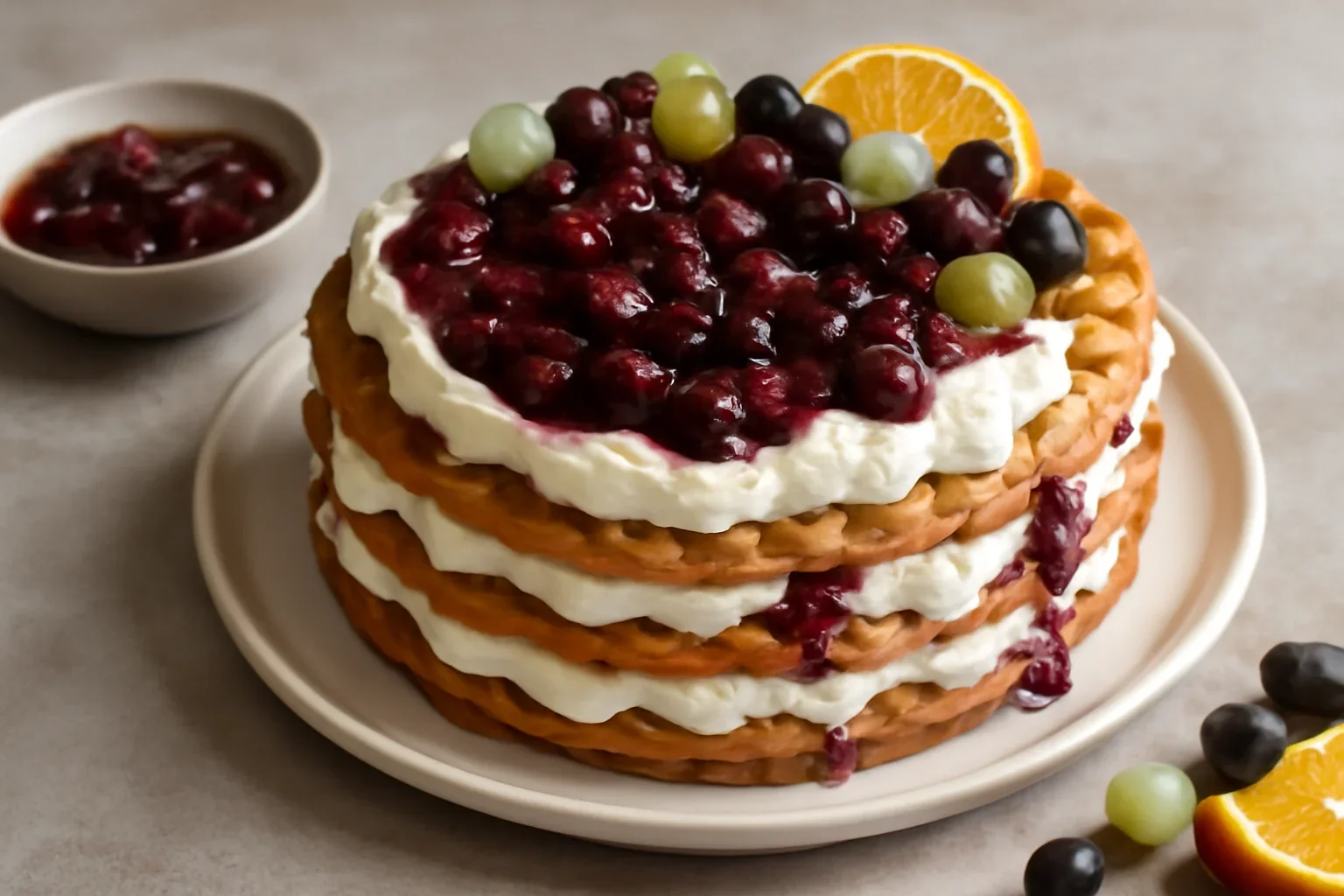 Prajitura cu gofre, mascarpone, frisca si visine