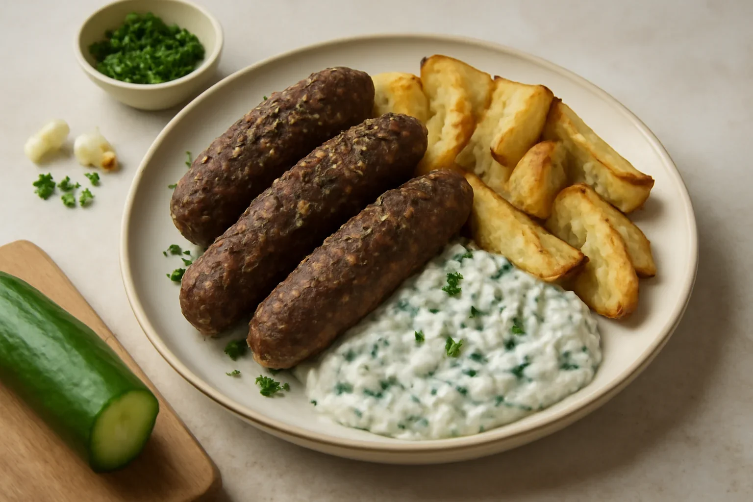 Kofta cu tzatziki și cartofi copți