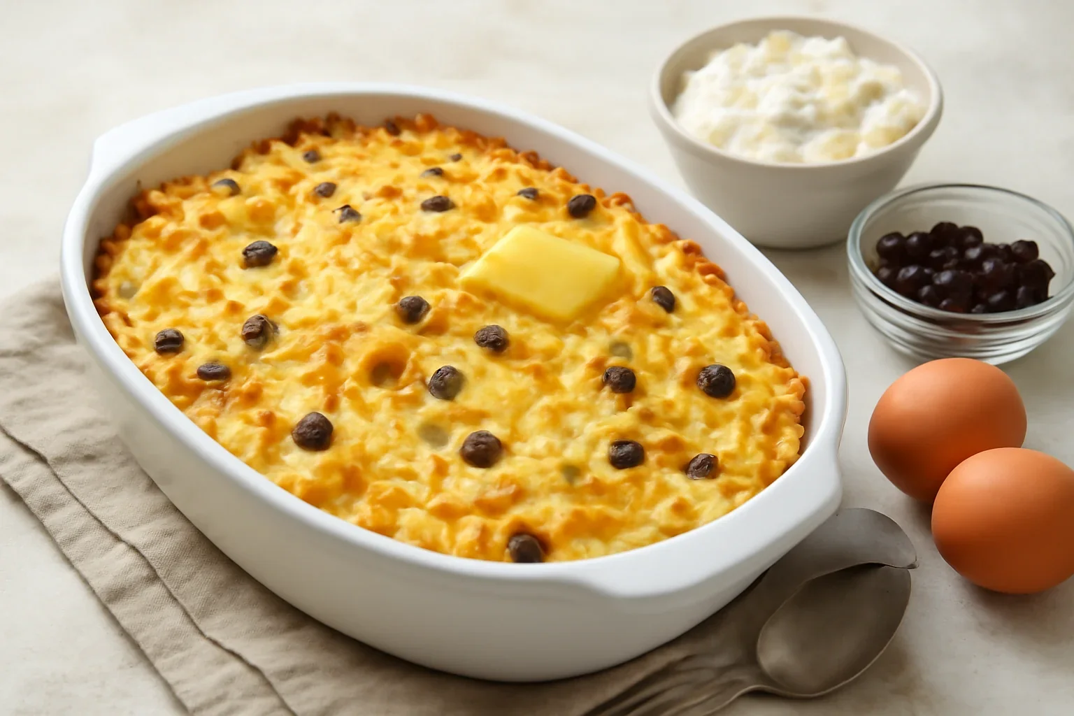 Budinca din paste cu branza dulce si stafide, reteta simpla, clasica