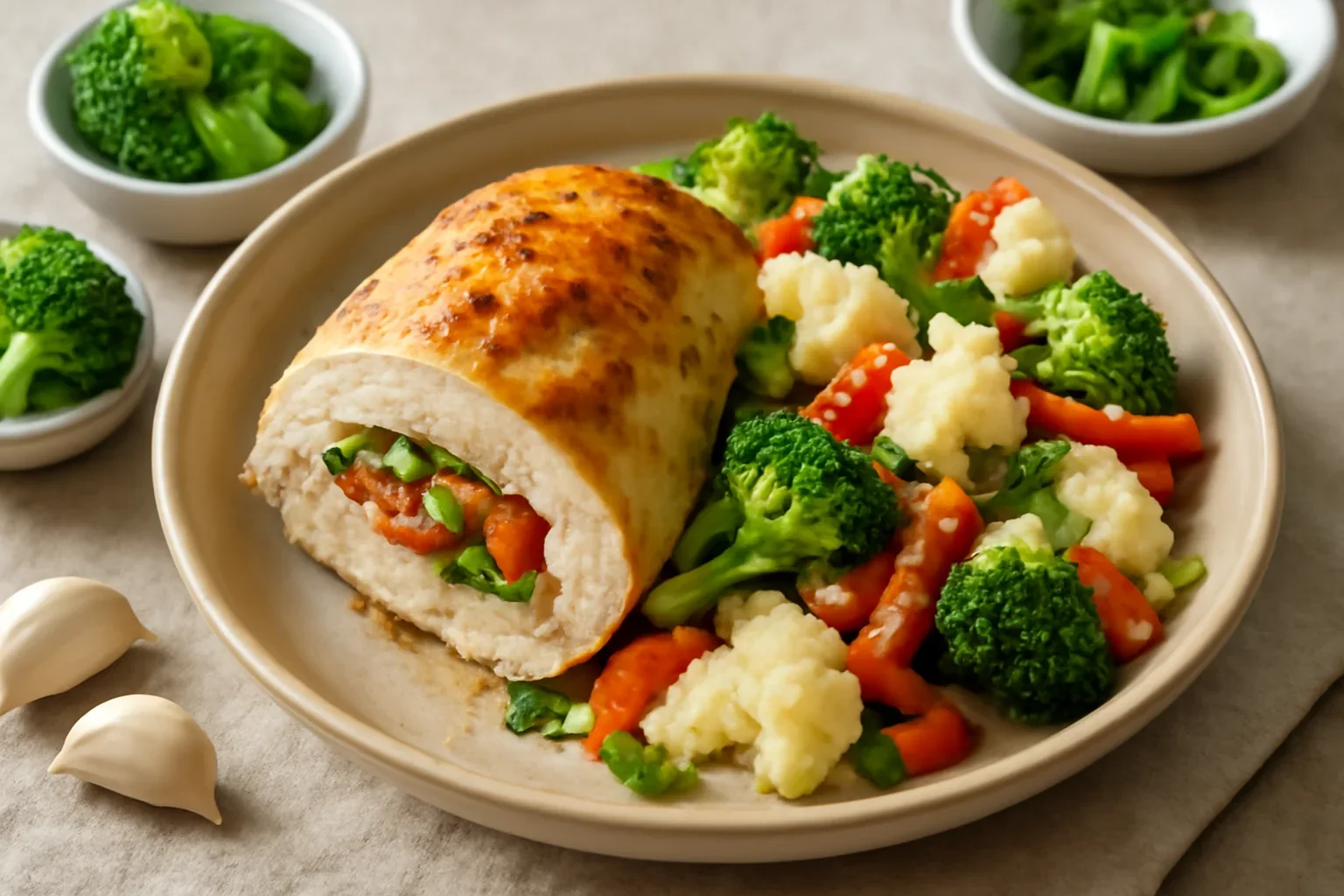 Piept de pui umplut, cu garnitură de legume