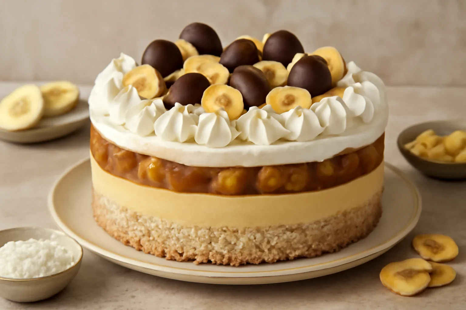 Tort cu mousse de banane, caramel, frișcă și blat din albușuri cu nucă de cocos – Tort Caribic