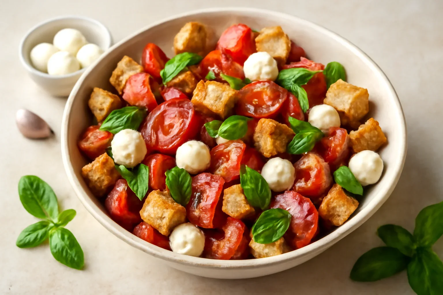 Salata Panzanella – salată italiană de roșii cu pâine și mozzarella – rețetă simplă de vară