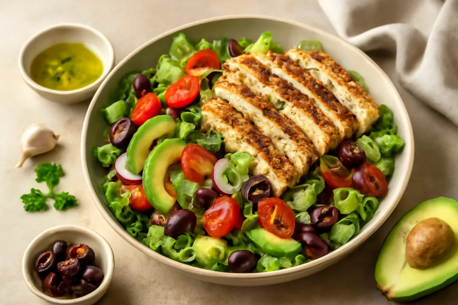 Salată mediteraneană cu pui la grill – rețetă simplă și gustoasă