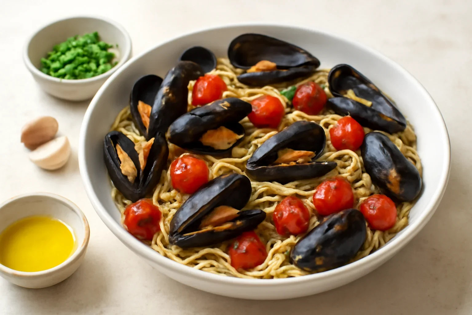 Spaghetti cu scoici si rosii cherry
