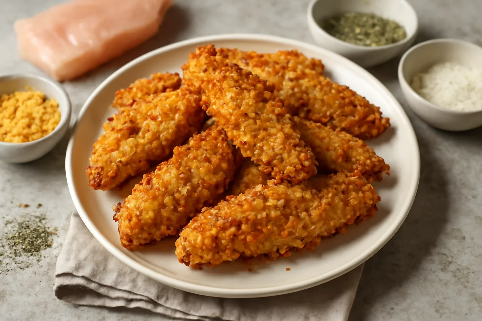 Piept de pui cu fulgi de porumb crocanti – crispy de pui sau gujoane