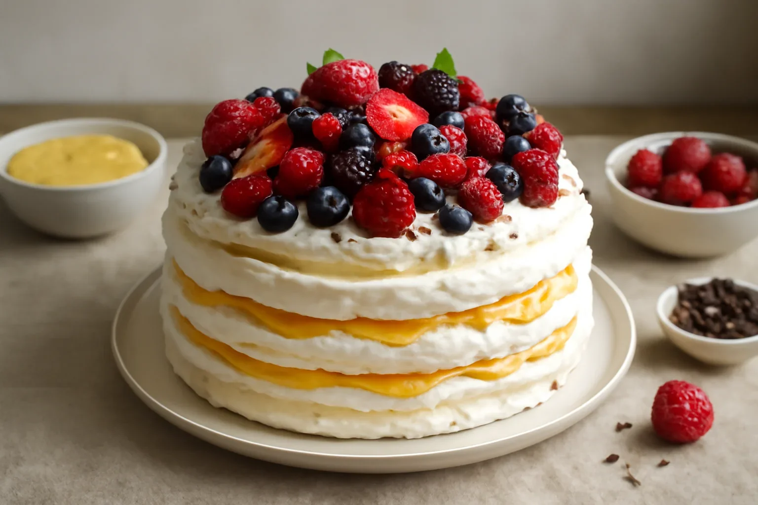Tort cu foi din bezea albă, frișcă naturală, fructe și cremă de lămâie (lemon curd)