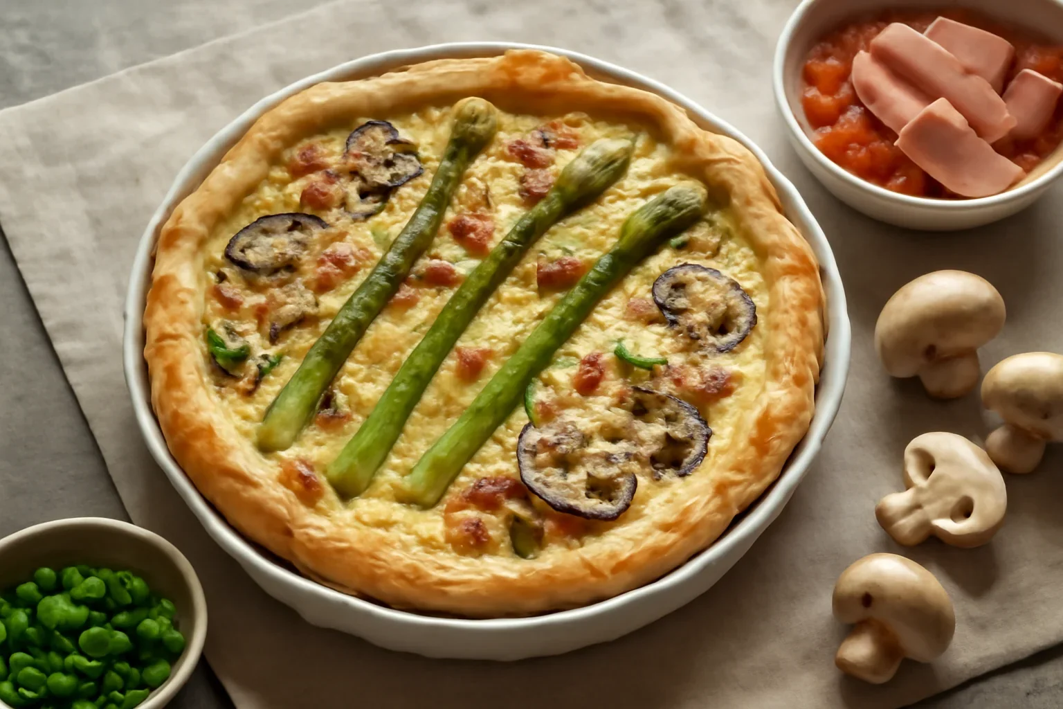 Quiche cu sparanghel, sunca si ciuperci pe aluat foietaj