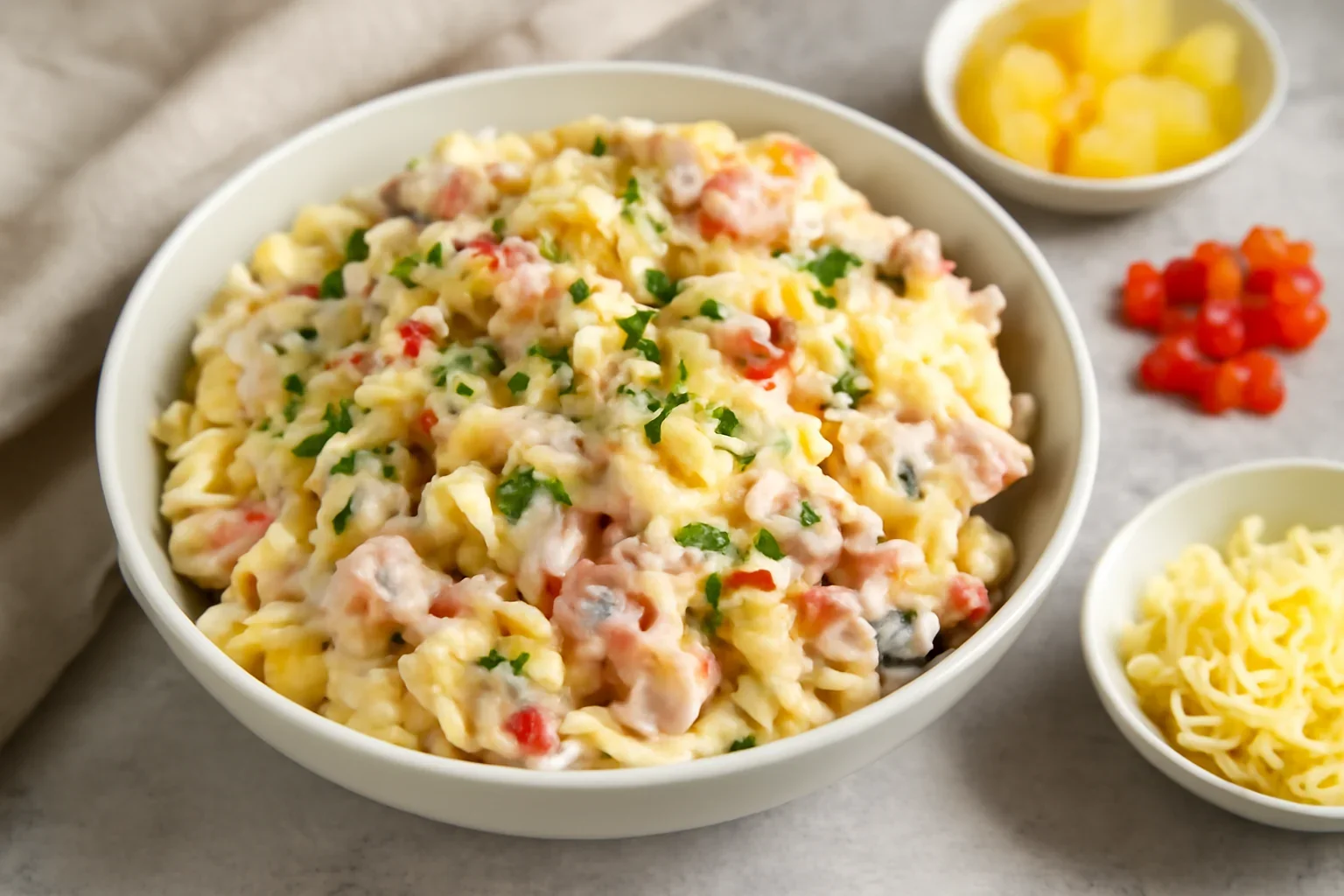 Salată Hawaii cu șuncă sau pui, ananas, cașcaval și dressing cremos – rețeta dietetică