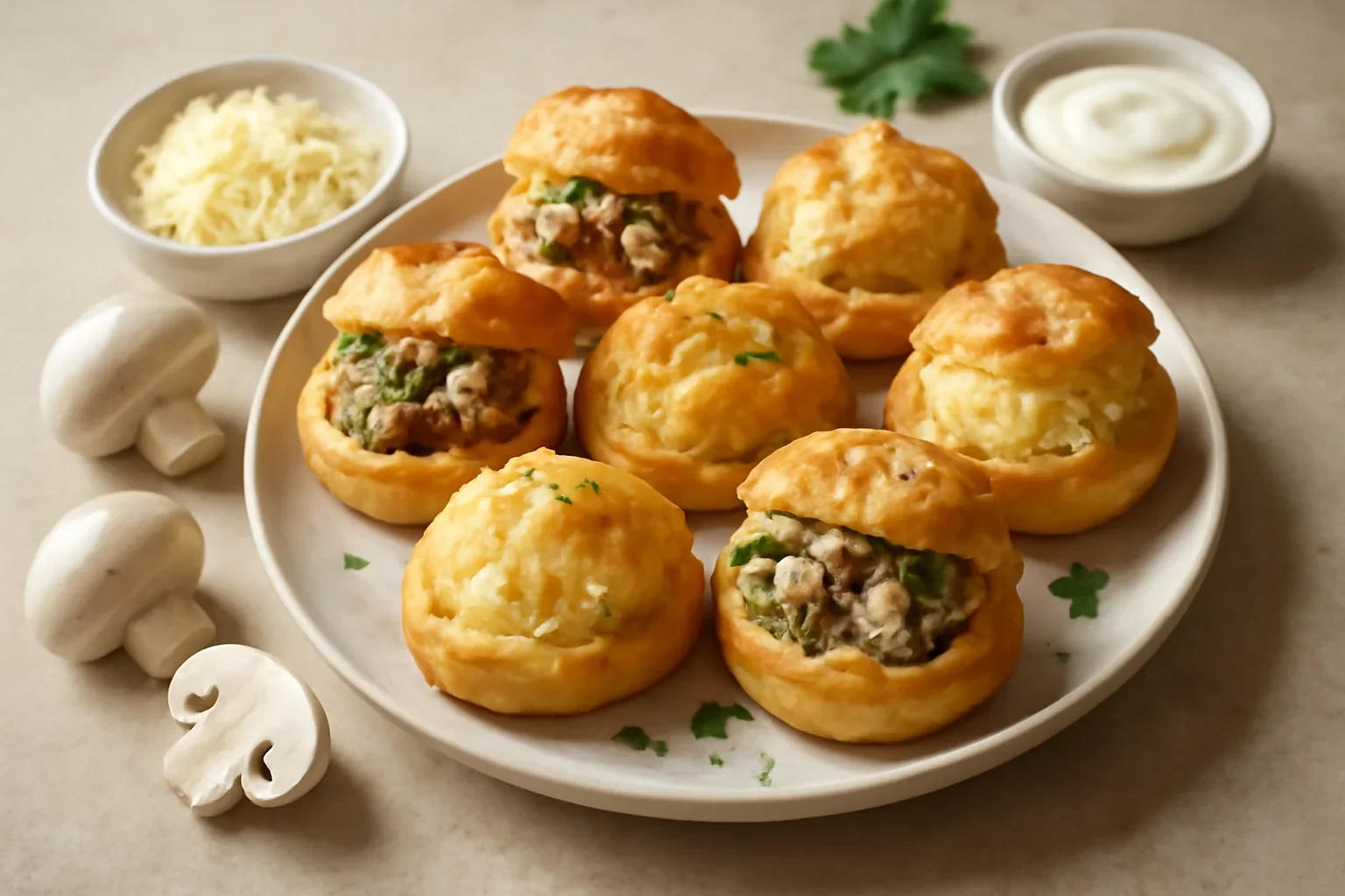 Choux aperitiv umplute cu ciuperci sau sos de cașcaval