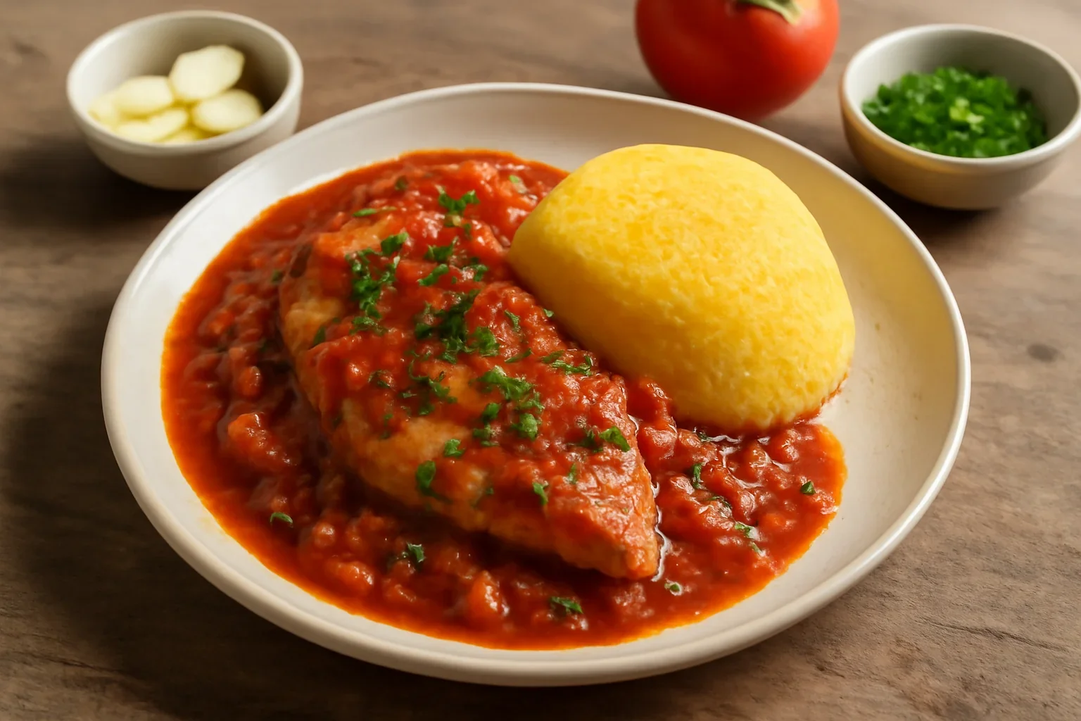 Piept de pui in sos de rosii cu mamaliguta
