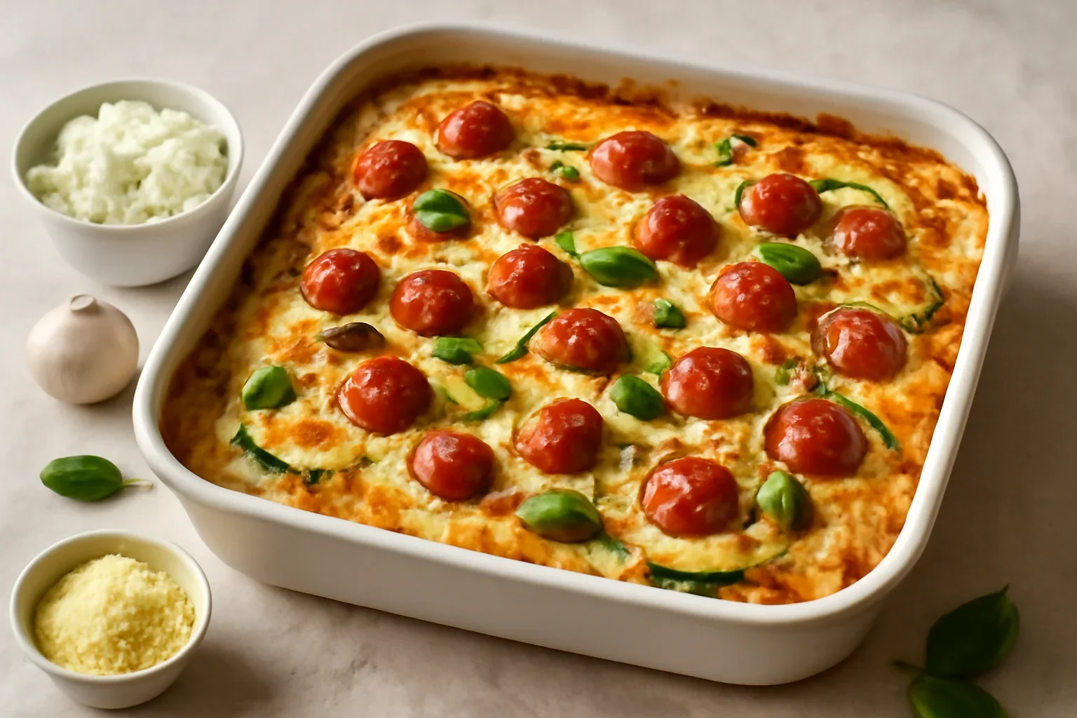 Lasagna cu zucchini, brânzeturi și roșii cherry