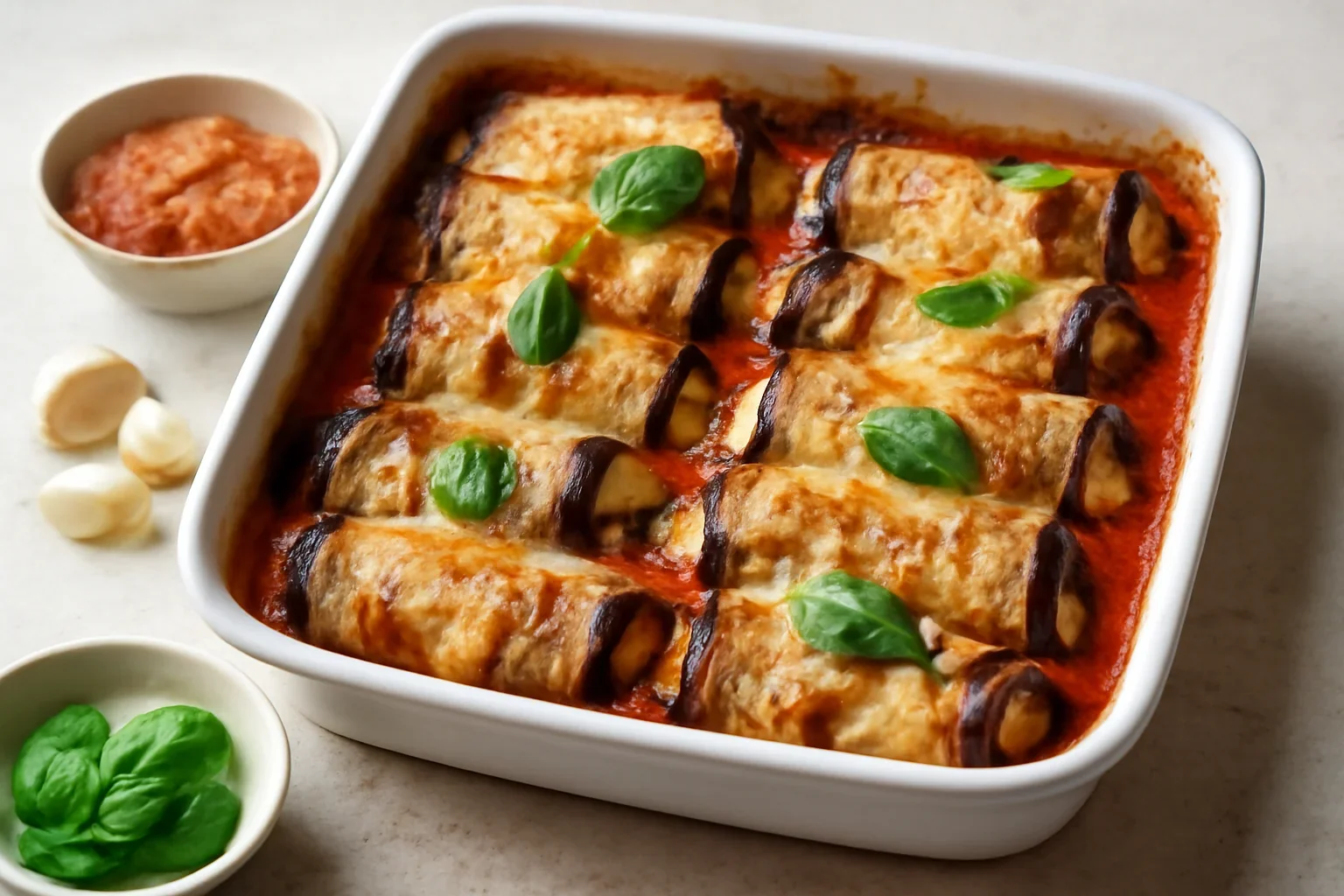Rulouri din vinete umplute cu brânză mozzarella sau cașcaval și sos de roșii – gratinate la cuptor