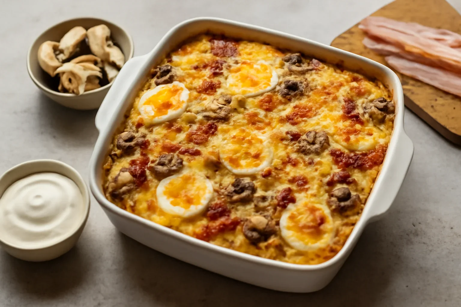 Cartofi gratinați cu bacon, ciuperci rumenite, ouă și cașcaval – la cuptor