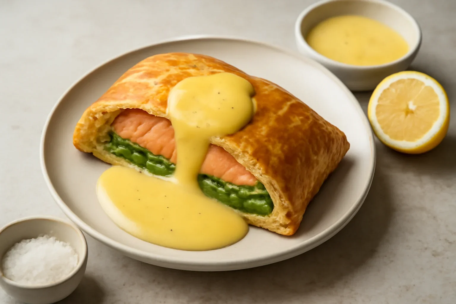 Somon in foietaj la cuptor (en croute) cu sparanghel si sos olandez