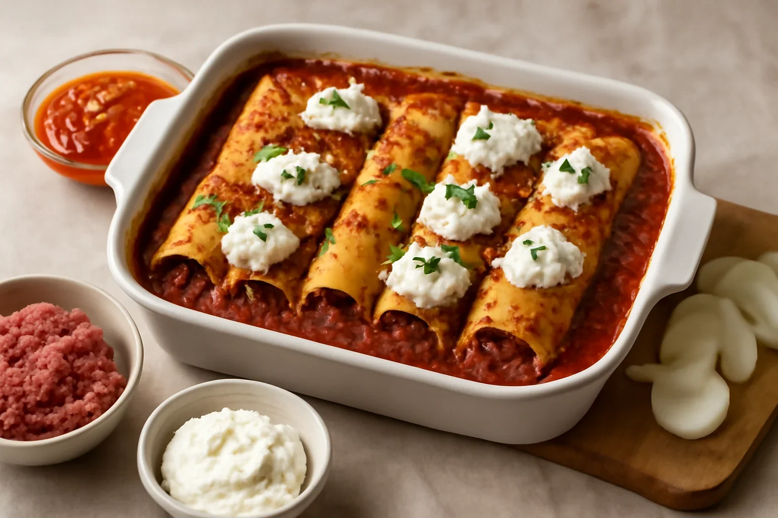 Cannelloni cu carne tocata, sos de rosii si ricotta, reteta italiana